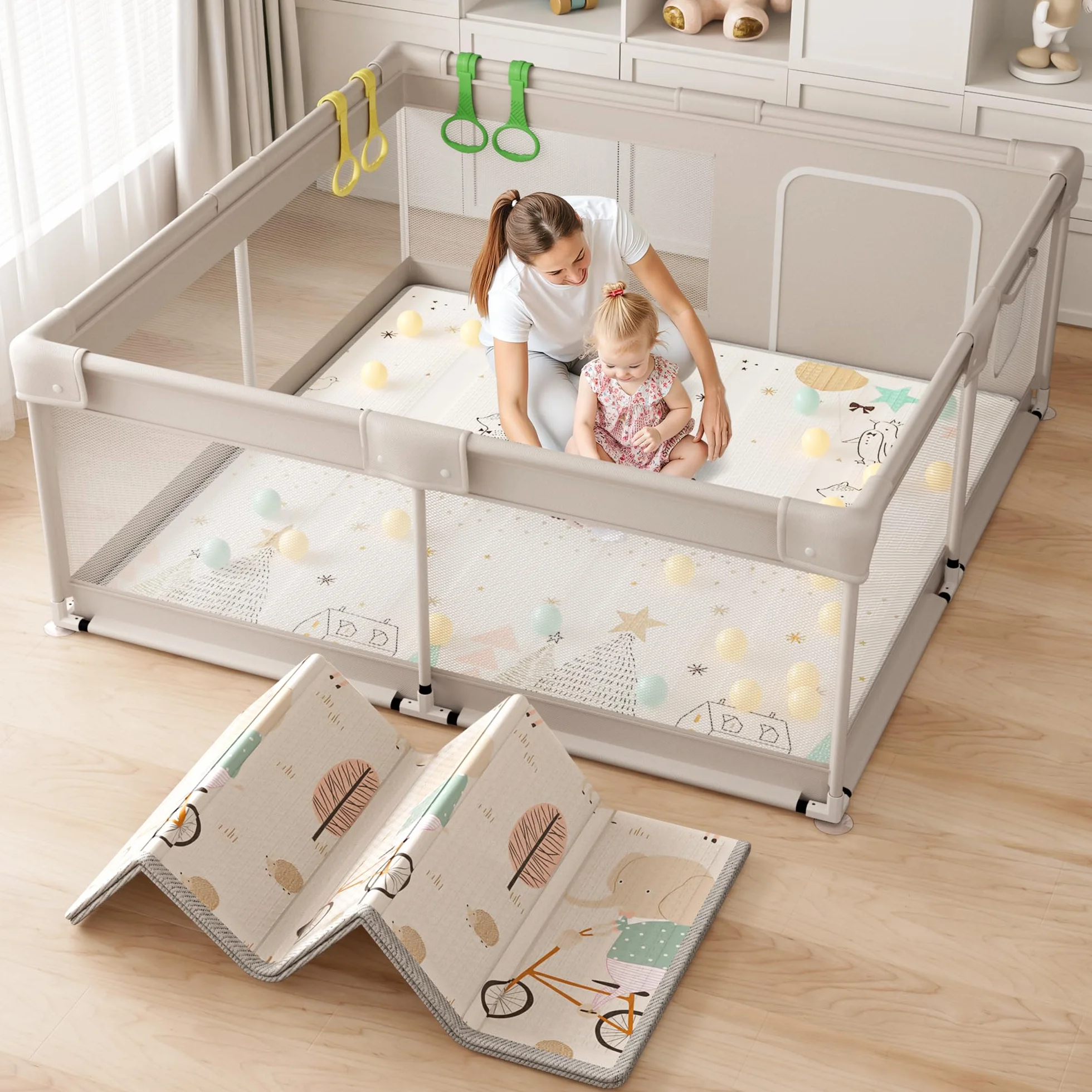 150×150×68cm Box Bambini con Materassino, Recinto per Bambini, Box Neonato con Morbida Imbottitura