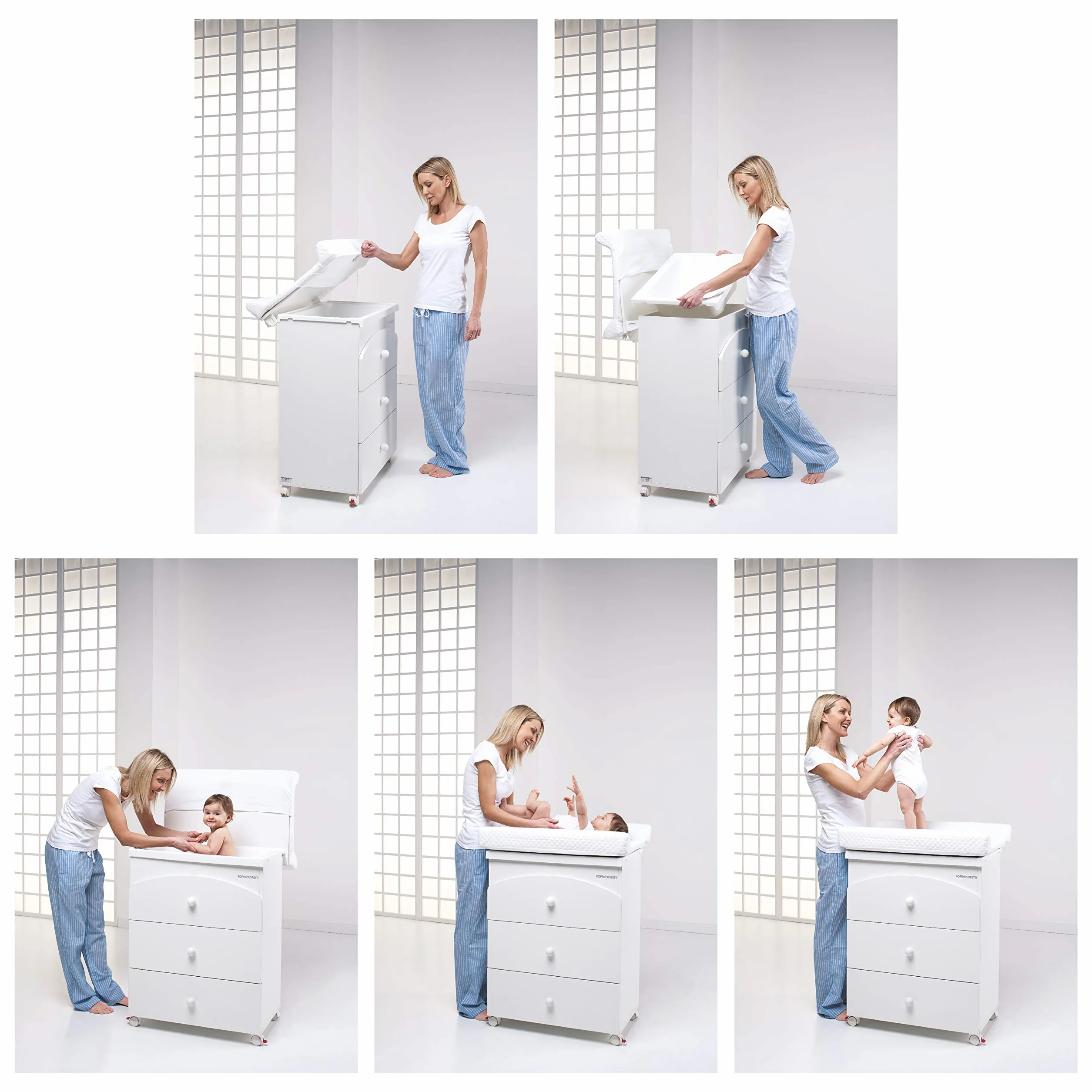 Foppapedretti Bagnetto Fasciatoio Tenerorso, Legno, Made in Italy, 3 Cassetti, Piano Fasciatoio Ribaltabile, Vaschetta Anatomica Estraibile, 4 ruote, Materassino Incluso, 69x47x89 cm, Bianco