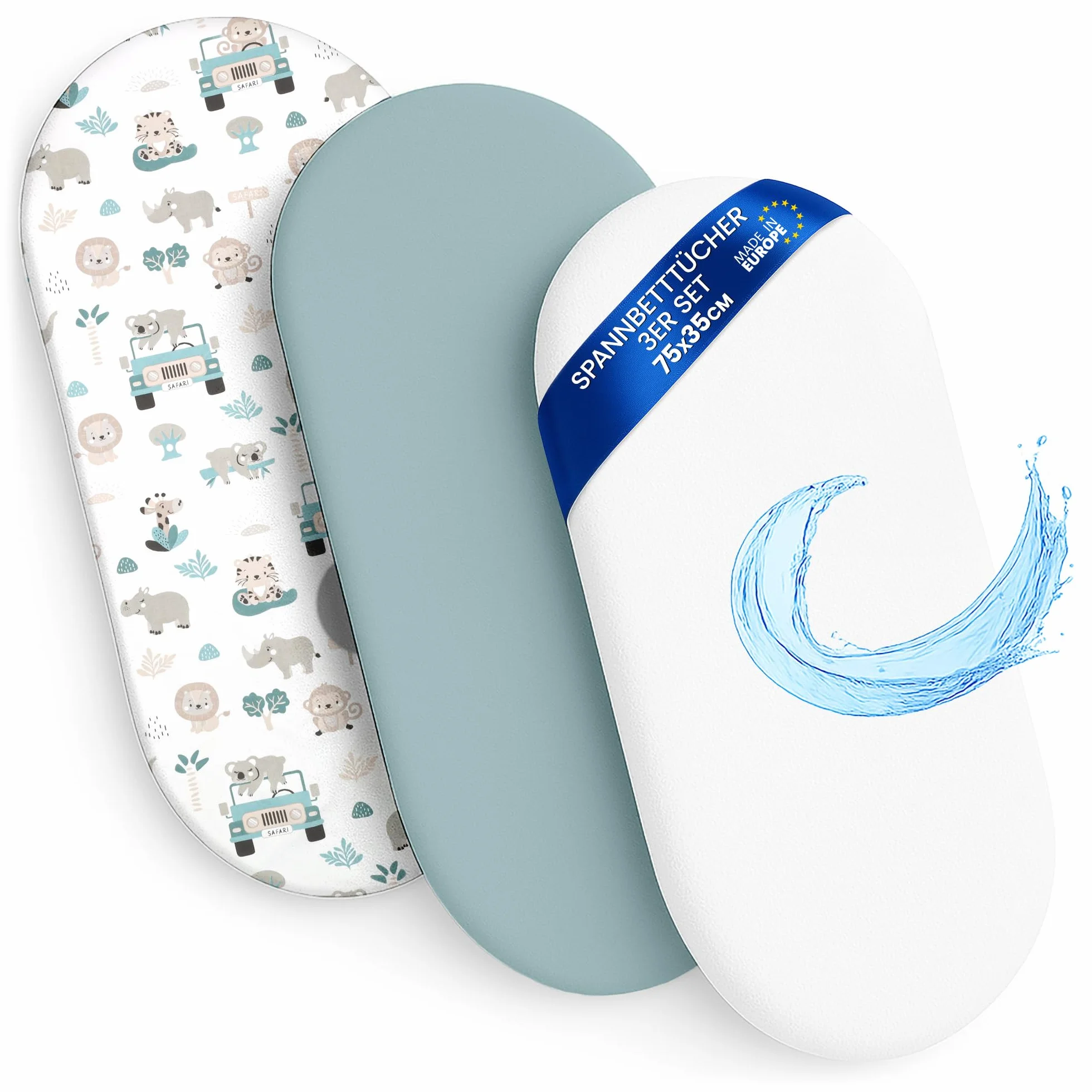 Lenzuola con Angoli per Passeggino Set di 3: 35x75 cm - 2 Lenzuola + 1 Coprimaterasso Impermeabile