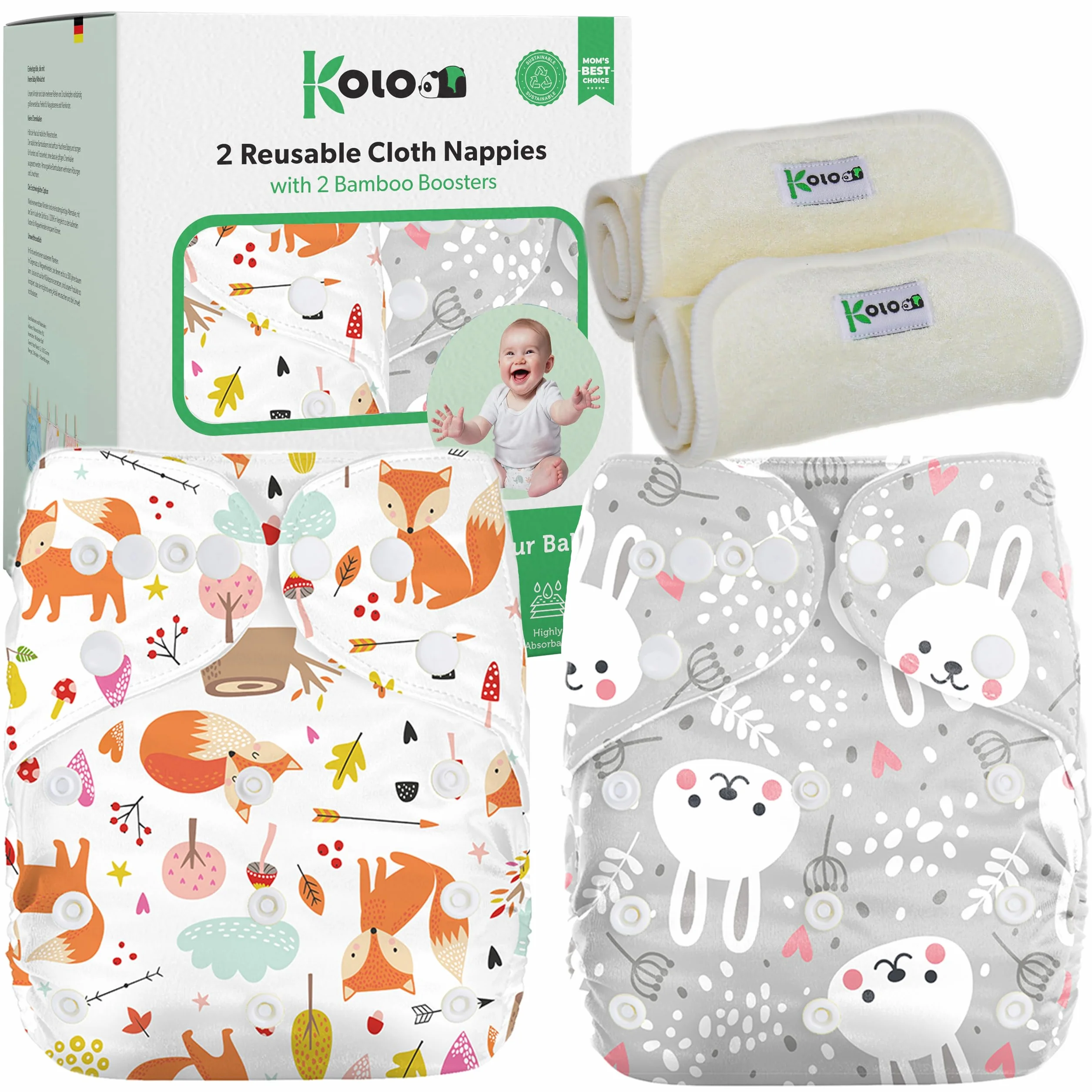 Pannolini Lavabili Riutilizzabili per Neonati e Bambini Set 2 + 2 Inserti Assorbenti in Bambù Taglia Regolabile Unisex Fantasia Foxes&Rabbits