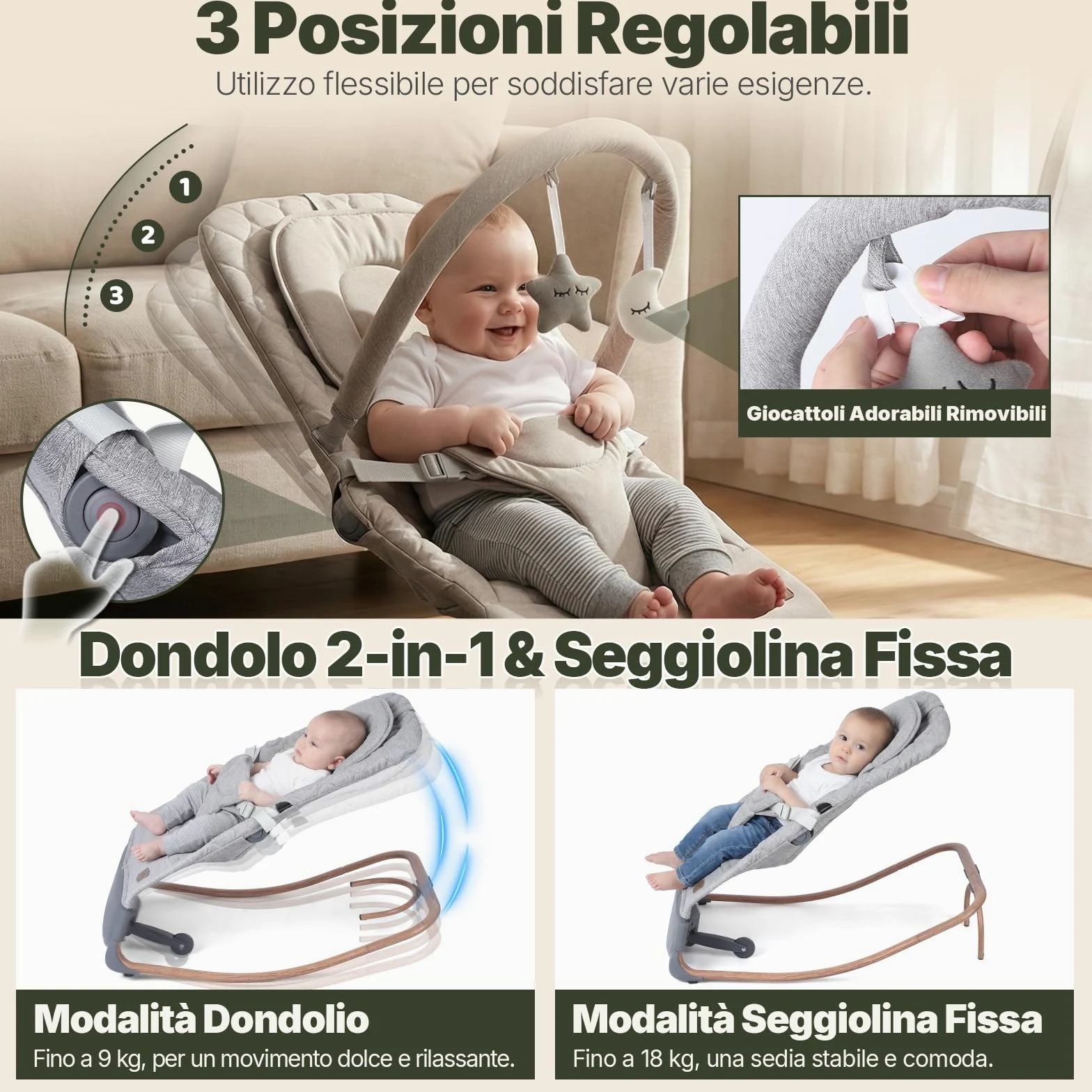 Sdraietta Neonati Elettrica, Dondolo Neonati Elettrico con 3 Velocità, Controllo a Colpetto & Pannello Touch, 2 Timer (30/60 Min), 8 Melodie, Volume Regolabile, per 0-12 Mesi, Fino a 18 kg, Grigio