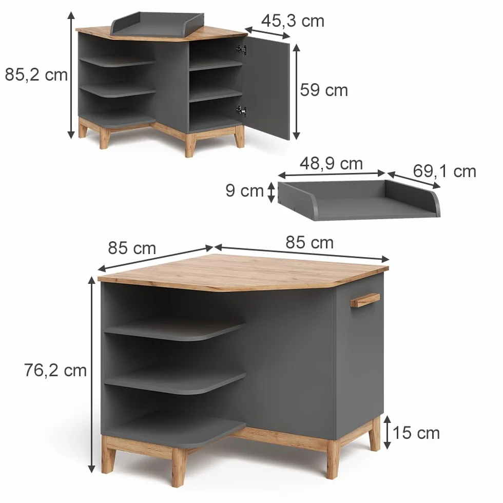 VitaliSpa Fasciatoio Malia, Grigio/Artisan, 85 x 85.2 cm con porta, fasciatoio rimovibile per utilizzo come cassettiera angolare