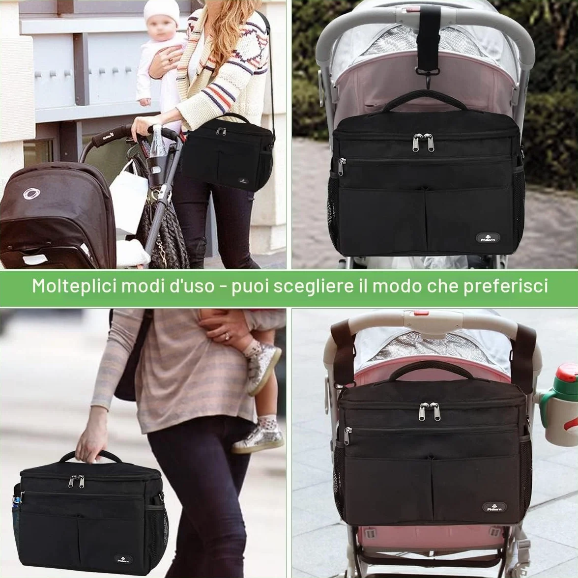 PHILORN Borsa per Passeggino con Portabevande Isolato, Tracolla, Grande Capacità, Universale, Nero