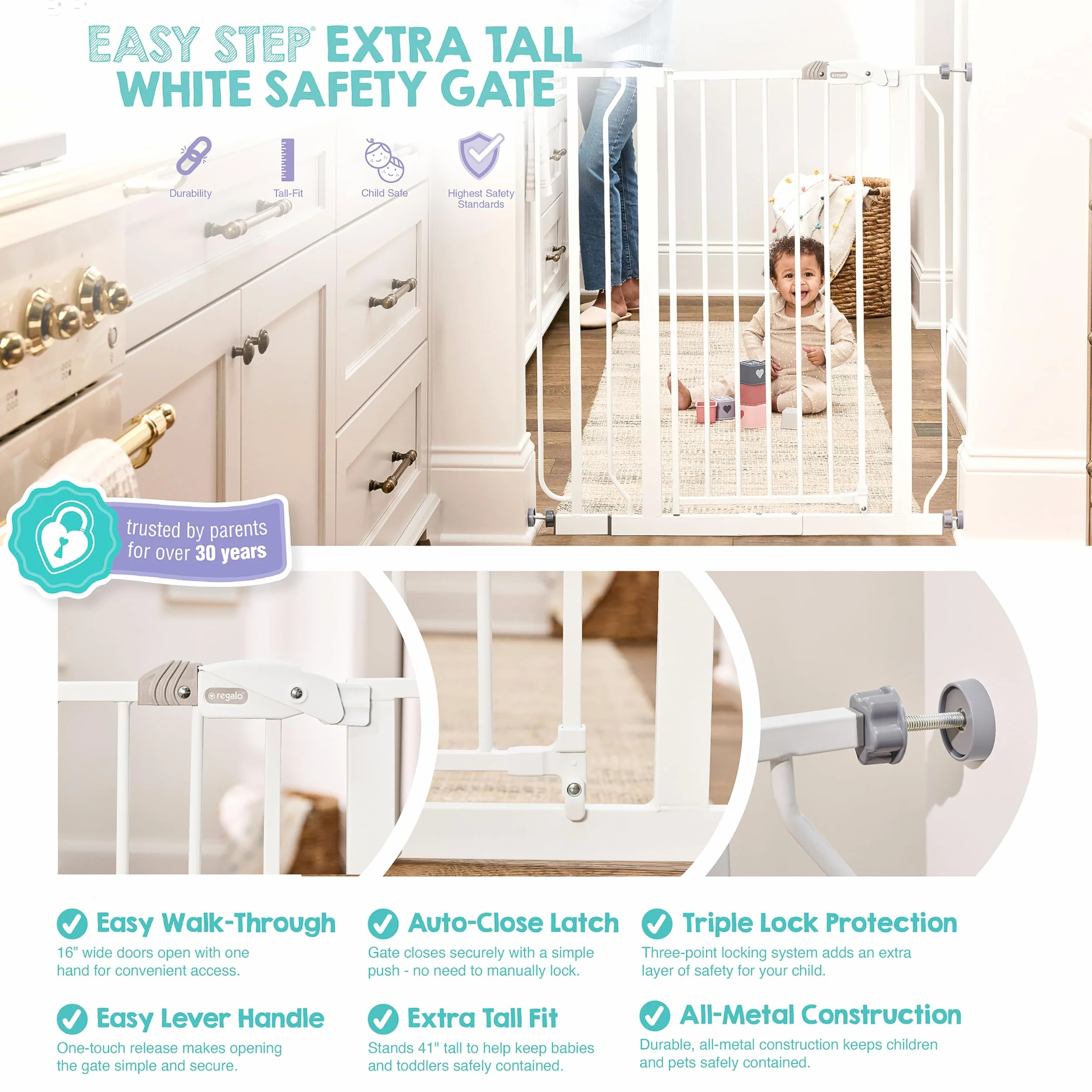 Regalo Safety Extra Tall Baby Gate 91.4cm for Doorways Stairs, Fits Openings 73.6-90cm, Pressure Mounted