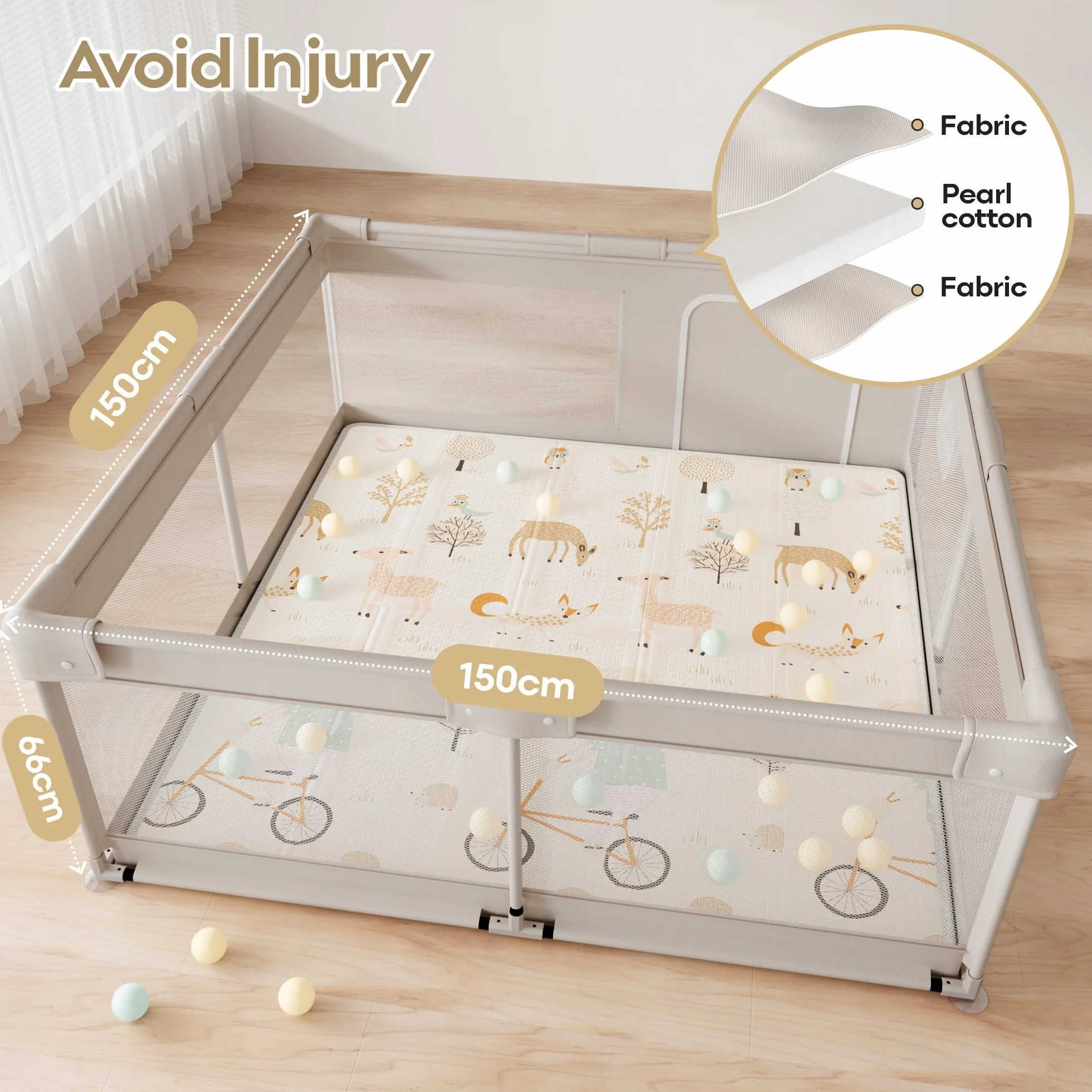 150×150×68cm Box Bambini con Materassino, Recinto per Bambini, Box Neonato con Morbida Imbottitura