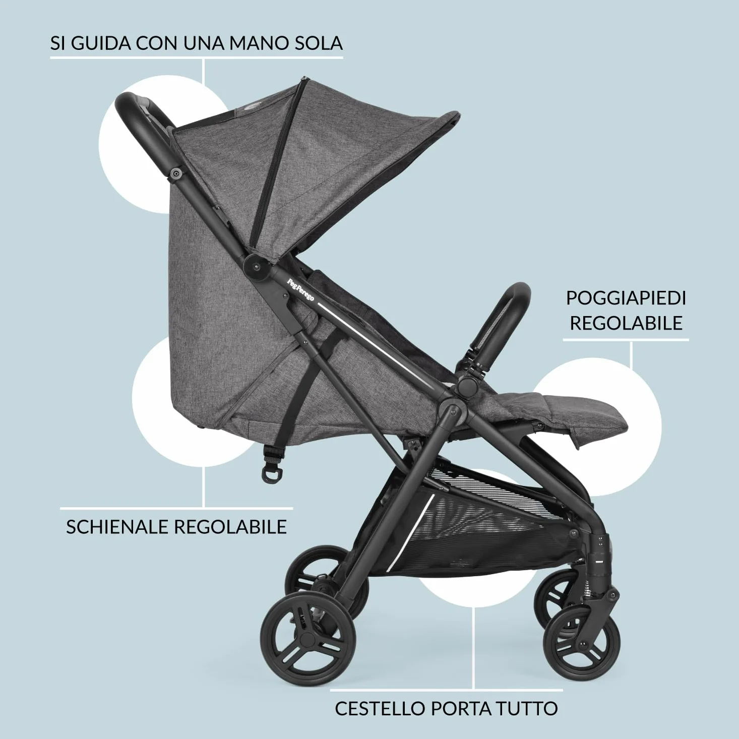 PEG Selfie Passeggino Leggero dalla Nascita fino a 22 kg (0 - 4 anni), Pieghevole e Compatto, Chiusura Automatica, Schienale Reclinabile, Capottina UPF 50+, Quarz