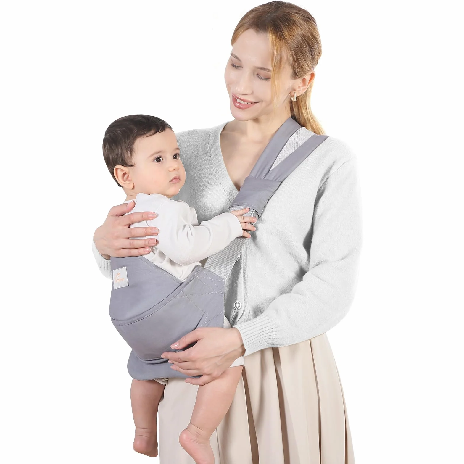 Fascia Neonato, Marsupio Neonato Cotone con Seduta Antiscivolo, Fascia Porta Bebe Ergonomico, Tutte le Stagioni, Fino a 15kg (Grigio Chiaro)