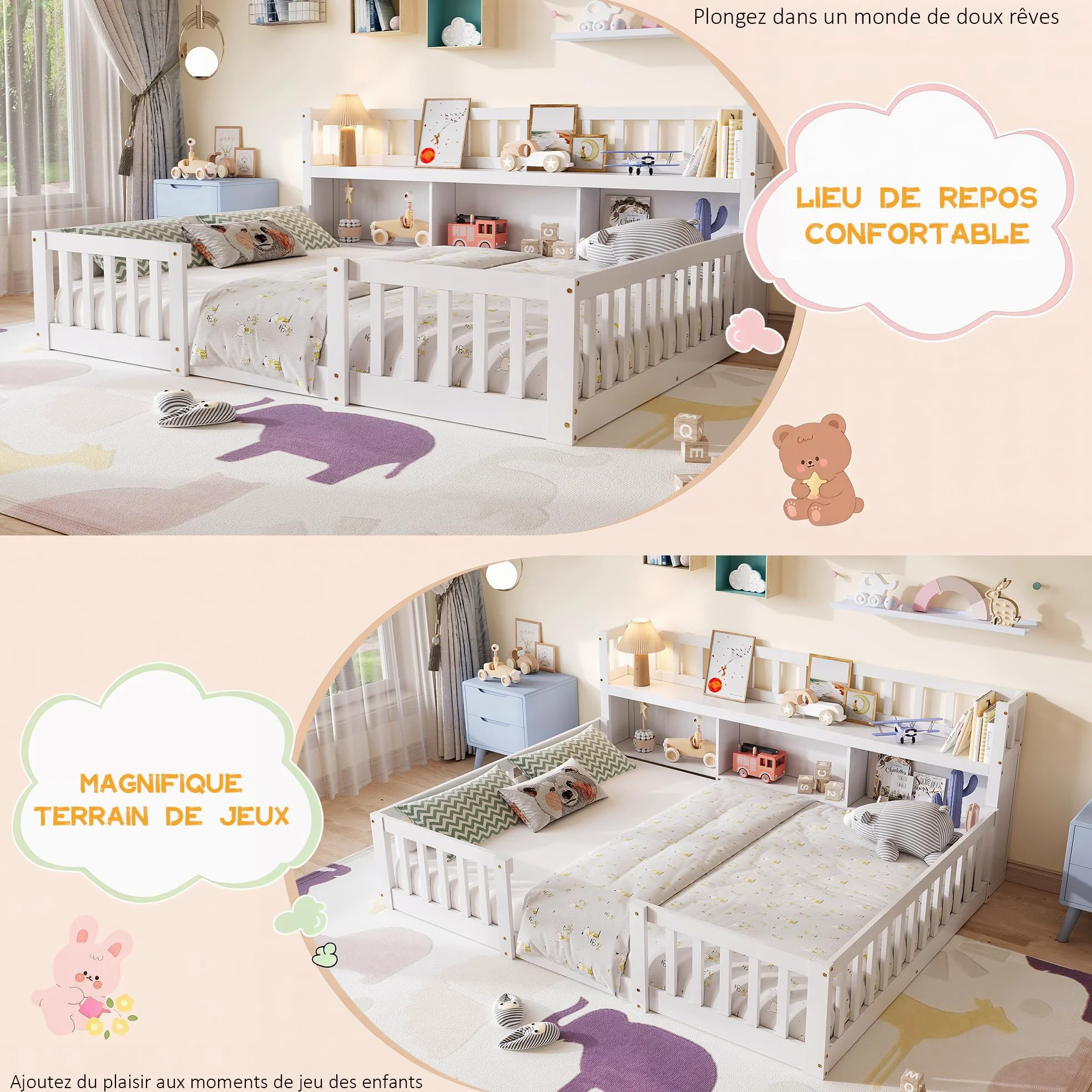 DADEA Montessori - Lettino da pavimento, 140 x 200 cm, con protezione anticaduta e rete a doghe, letto singolo per bambini e ragazzi, senza materasso