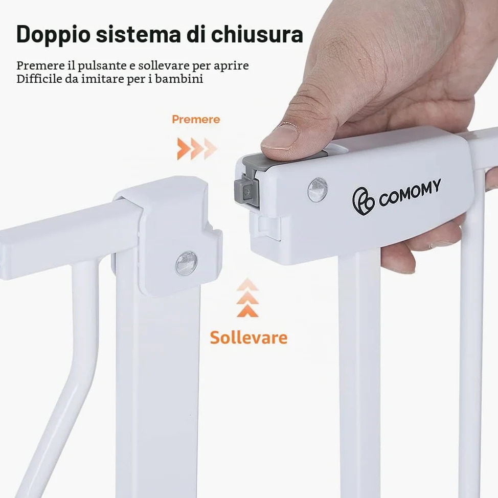 COMOMY Cancelletto per Bambini con Porta per Gatti Regolabile, Cancelletto per Gatti In Extra Largo da 75 a 123cm, Cancelletto per Cani a Chiusura Automatica con Porta per Animali (Alto 76cm, Bianco)