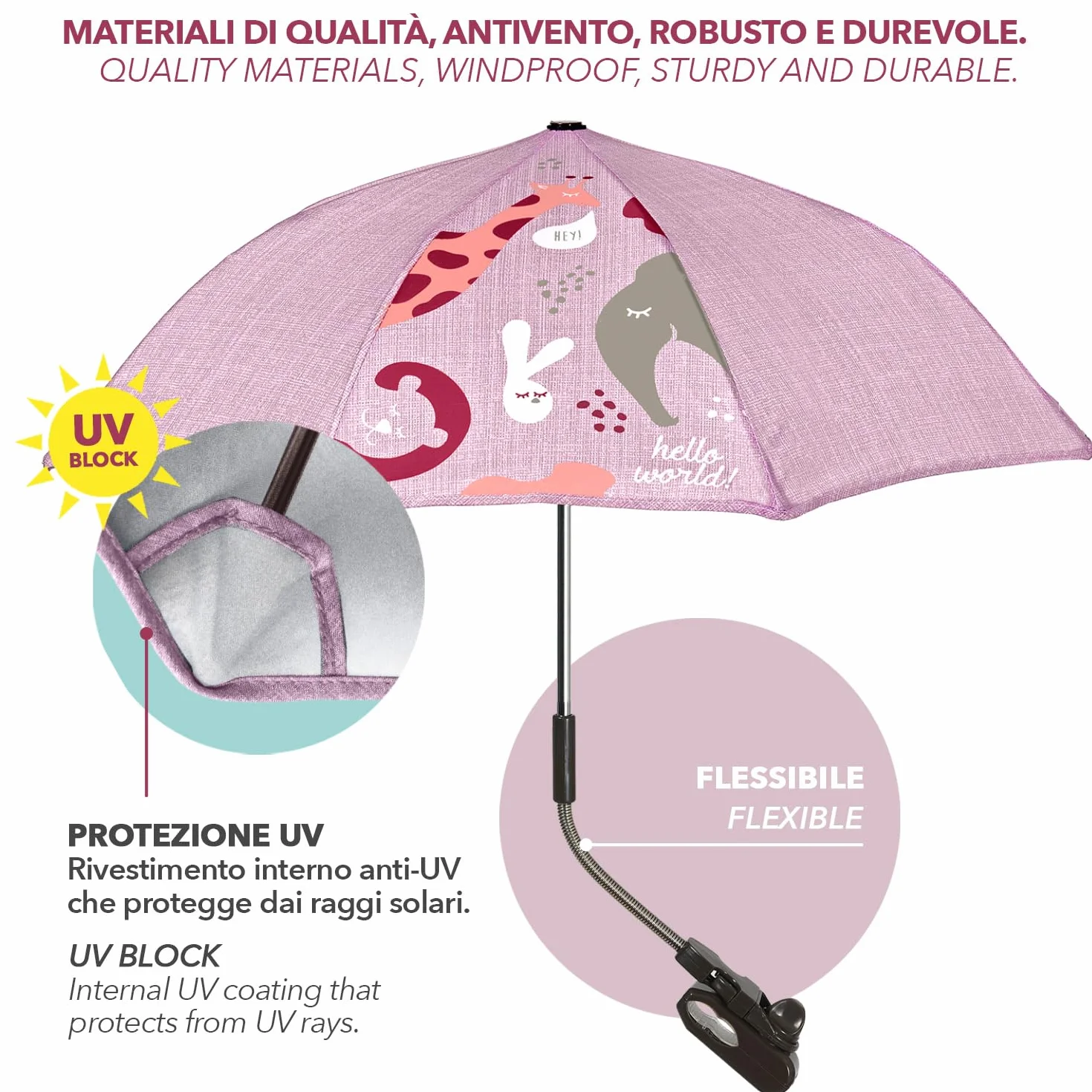 PERLETTI Parasole Universale Anti UV Ombrello Passeggino Bambino Neonato Stampa Animali