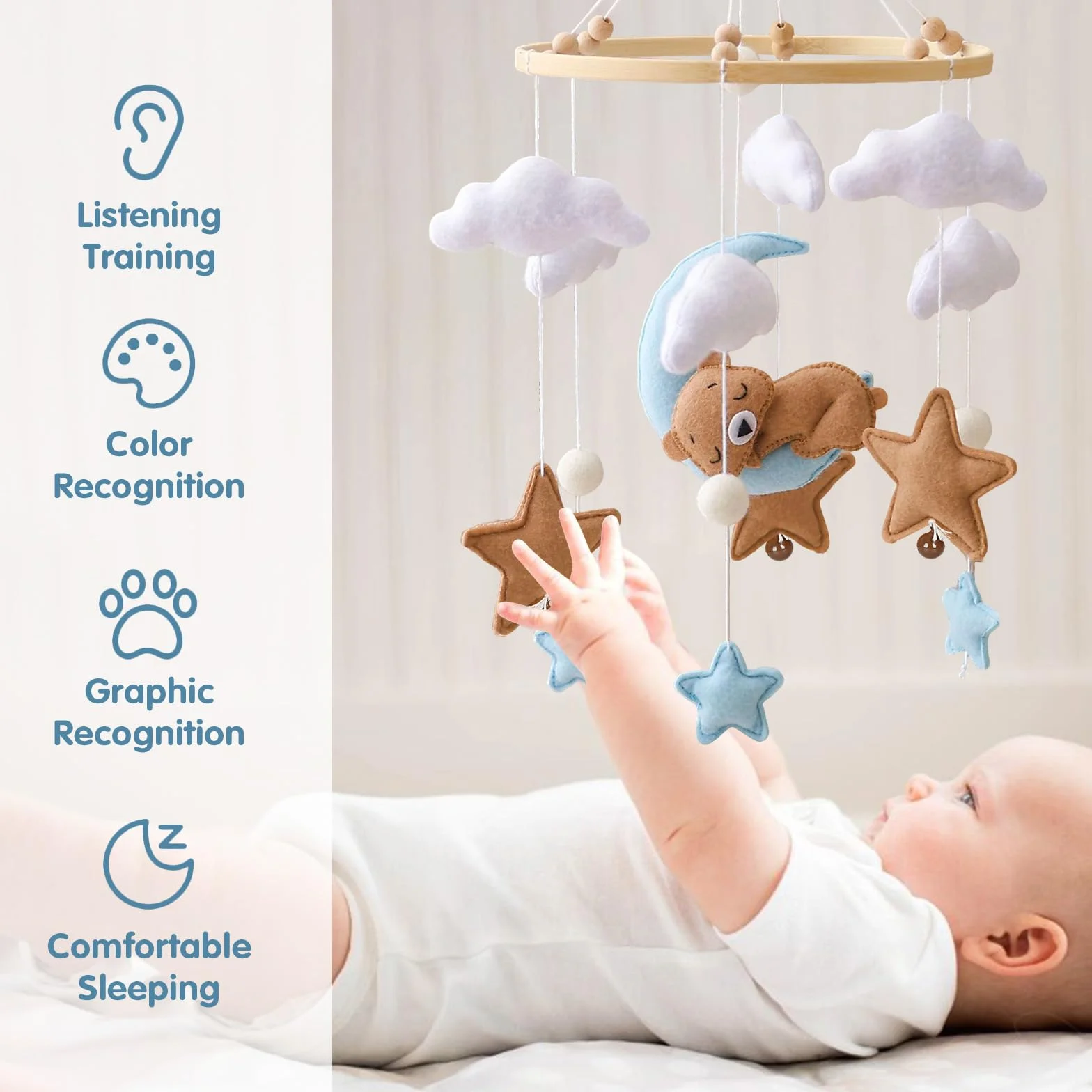 Baby Campanelli Eolici Mobile in Feltro Giostrina Culla Neonato Legno Orso Nuvole Luna Stelle Campane Decorazione Regali Neonati