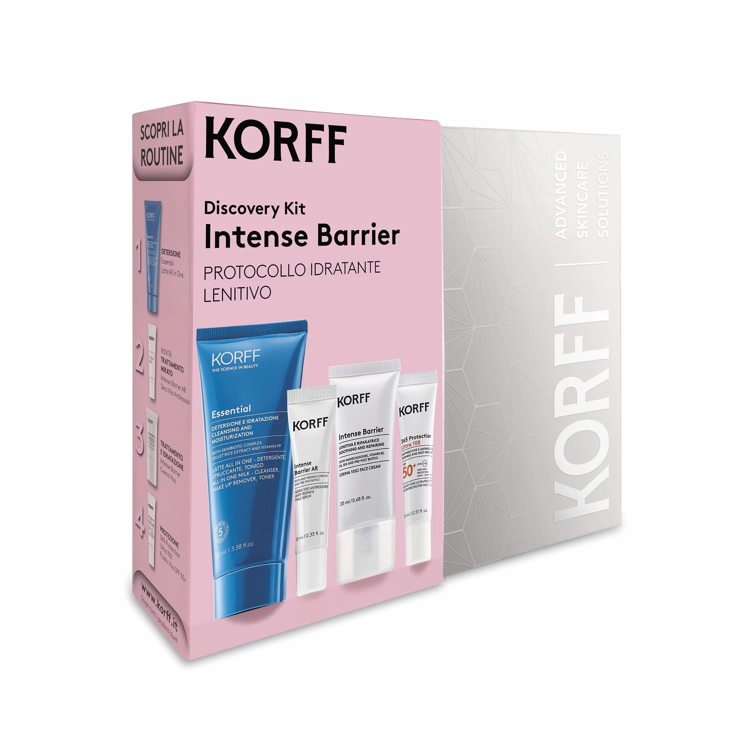 Korff Discovery Kit Intense Barrier Latte All in One 100ml Siero AR 10ml Crema AR 20ml Fluido Viso SPF50+ 15ml
