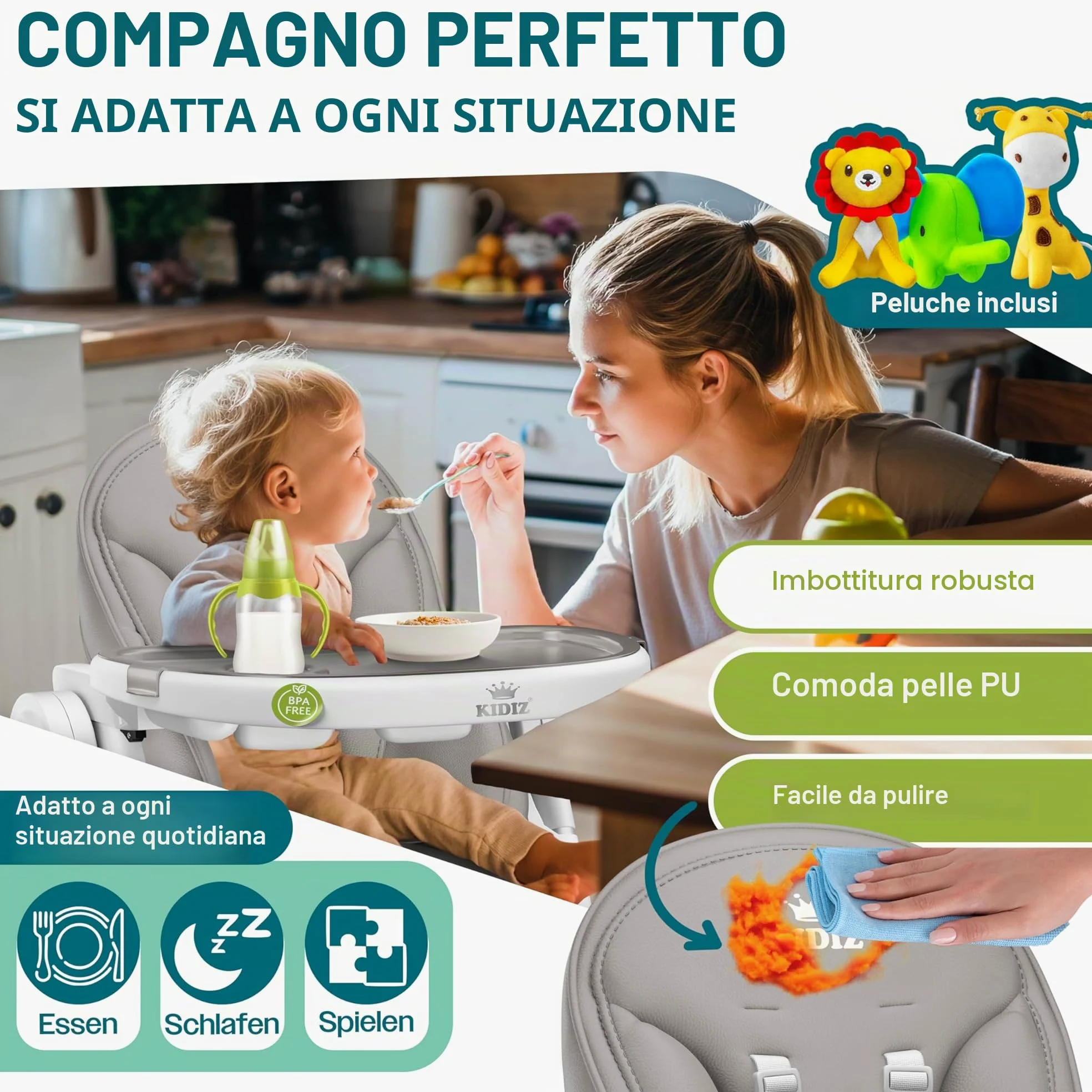 KIDIZ® 3 in 1 Seggiolone Seggiolone per bambini con barra dei giochi, Lettino per bambini, Seggiolone combinato Seggiolone per bambini, Schienale regolabile in 7 diverse altezze, grigio chiaro