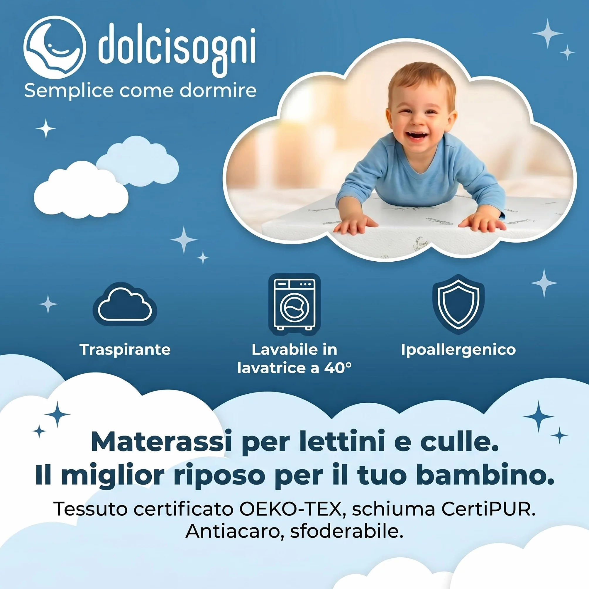 DOLCI SOGNI Materasso Culla Neonato 50x83 cm Next to Me Chicco OEKO-TEX CertiPUR Aloe Vera Lavabile