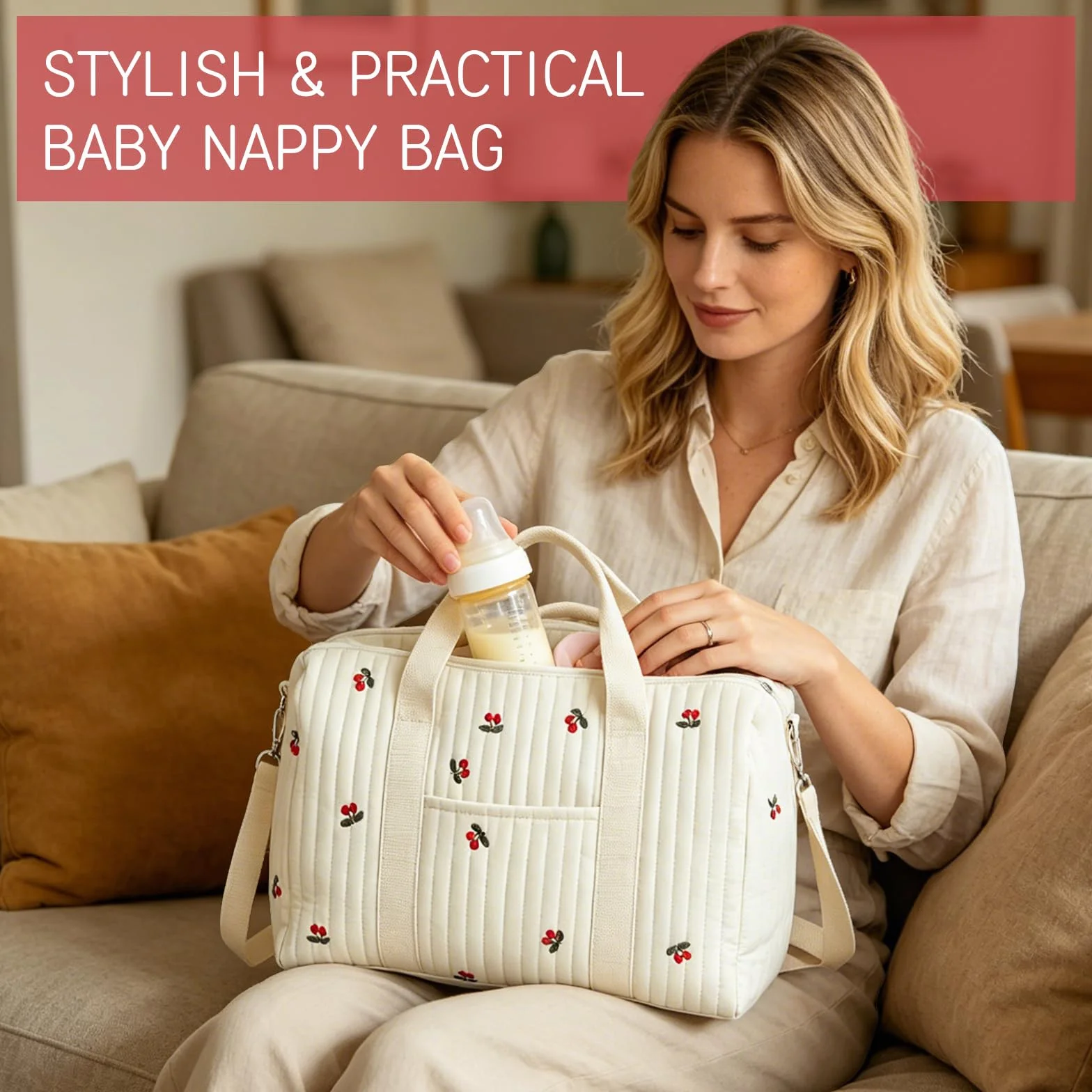 Borsa Parto Ospedale Cotone Trapuntato Ricamo Ciliegia Set 2 Pezzi Maternità Passeggino Viaggio Cambio Neonato Stile Coreano