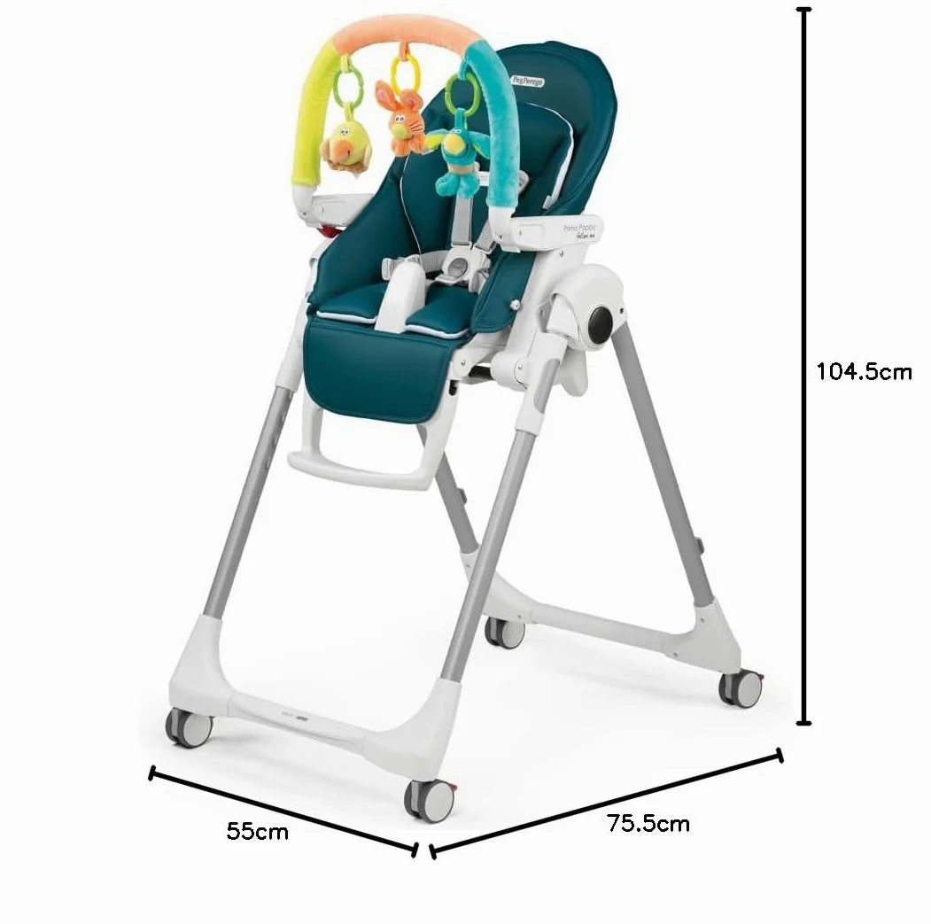 PEG Prima Pappa Follow Me Plus - Seggiolone e Sdraietta Neonato, Dalla Nascita, Regolabile in Altezza, 4 Ruote, Barra Gioco, Doppio Vassoio, Rivestimento Ecopelle, Chiusura Compatta, Petrolio