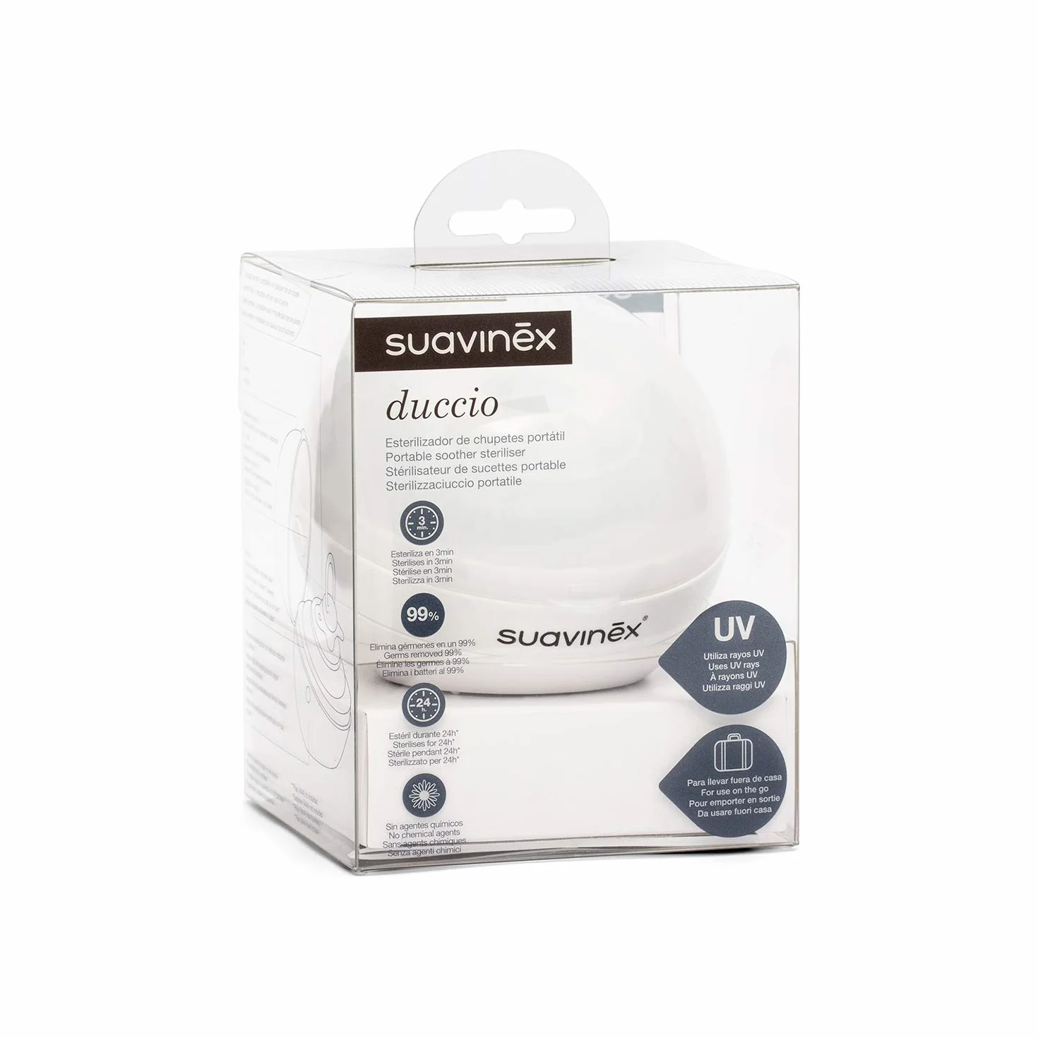 Suavinex DUCCIO - Sterilizzatore portatile per succhietti a luce UV, con USB o con batterie, Sterilizza in 3 minuti, Uccide il 99% dei germi, Bianco