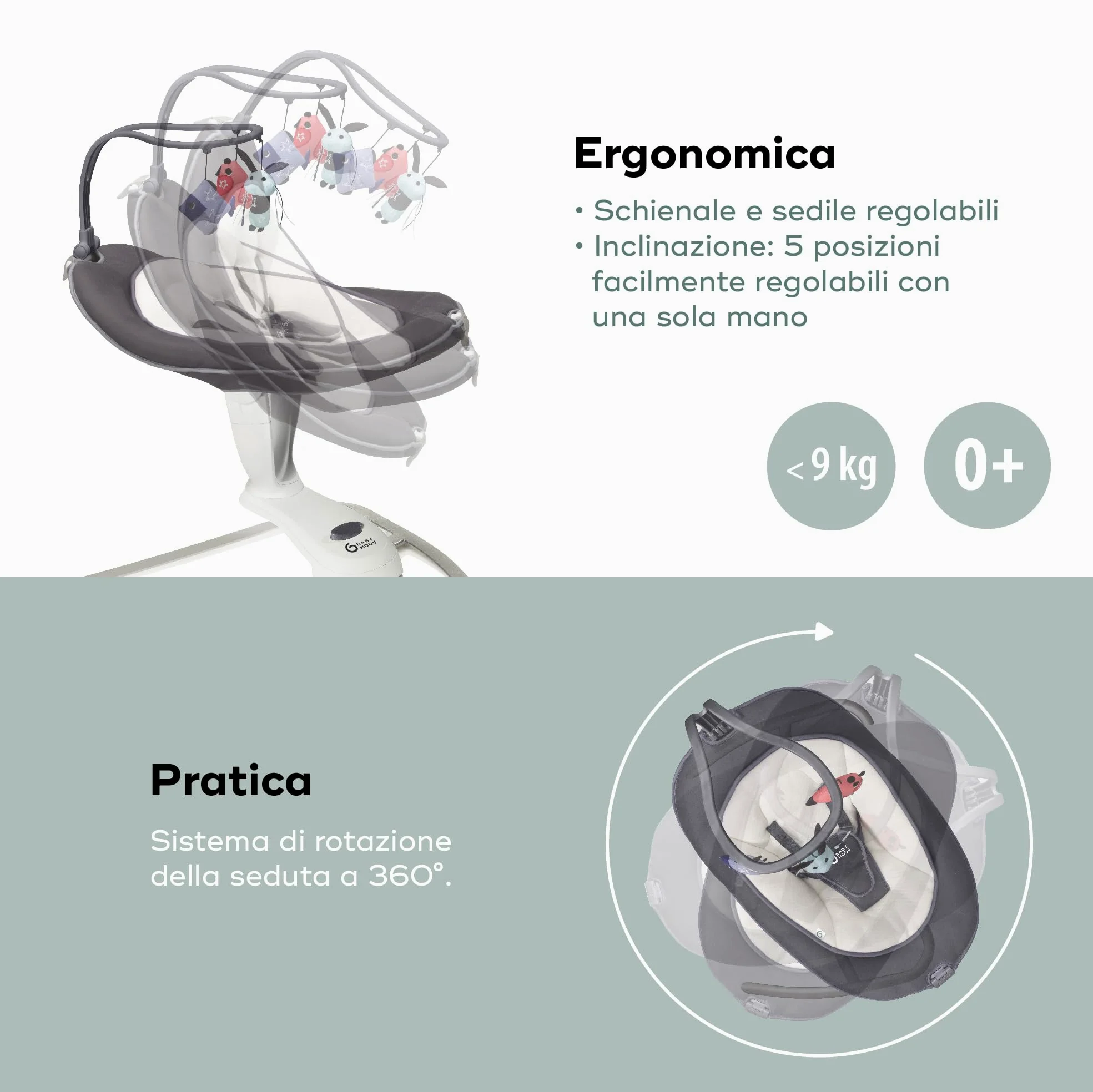 Babymoov Altalena per Bambini Swoon Motion – Seduta Girevole 360°, Dondolamento con 5 Velocità, Rilevatore di Movimento, Giochi Sensoriali e Ninnenanne – Comfort dalla Nascita