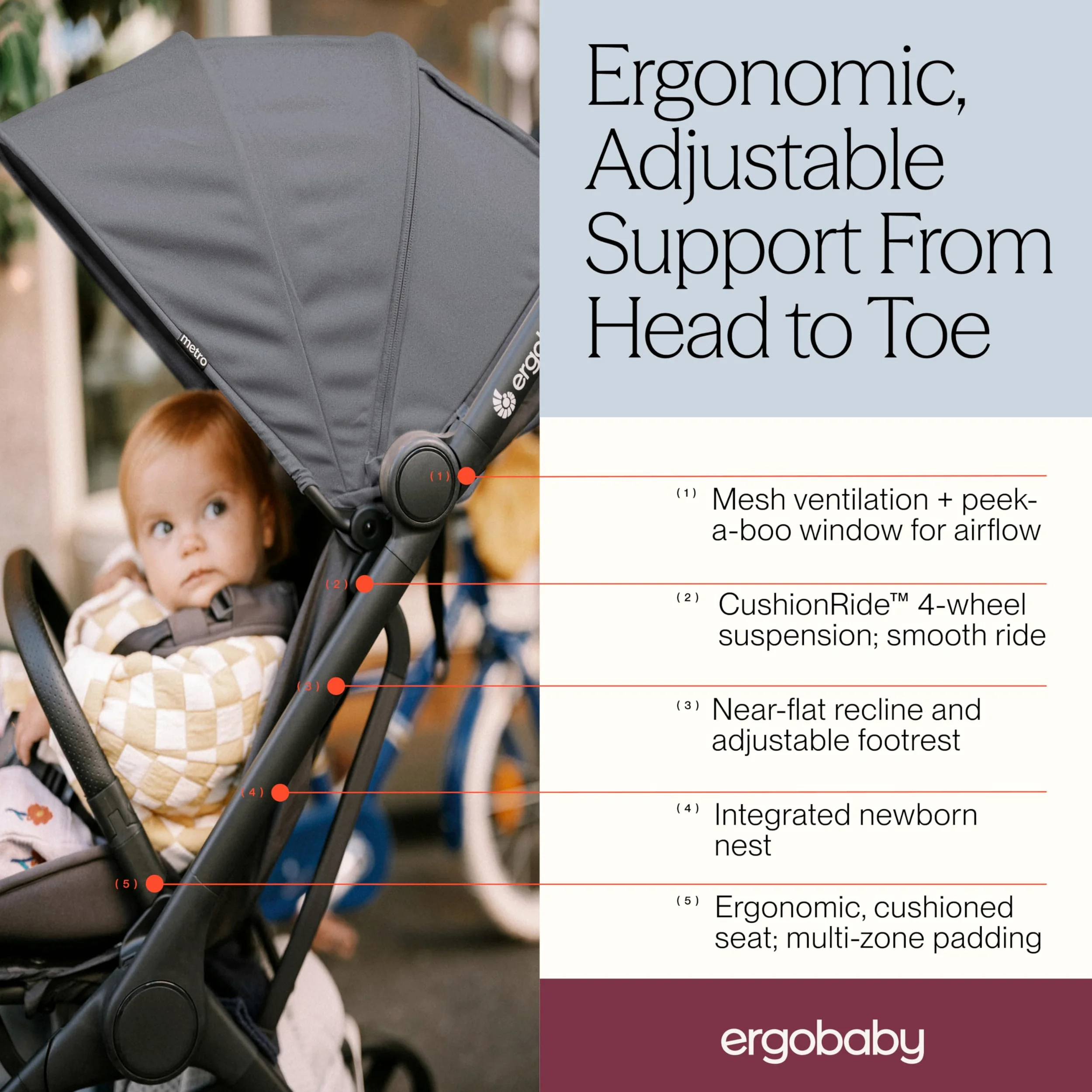 Passeggino Ergobaby Metro3 con funzione reclinabile, passeggino dalla nascita a 22 kg (0-4 anni), pieghevole e compatibile con il seggiolino auto, seduta ergonomica, Graphite Grey