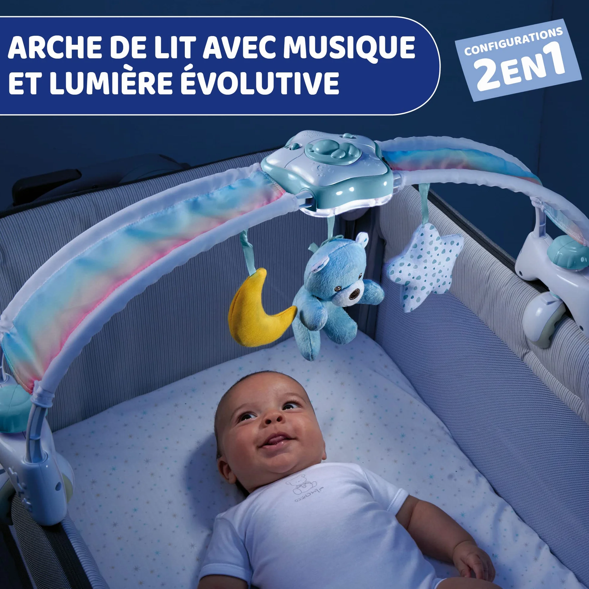 Chicco Arco Lettino Neonato 2in1 Evolutivo Compatibile Next2Me, Pannello Culla con Arco Arcobaleno e Luce Notturna, Musica Rilassante - Giochi Neonati 0+ Mesi