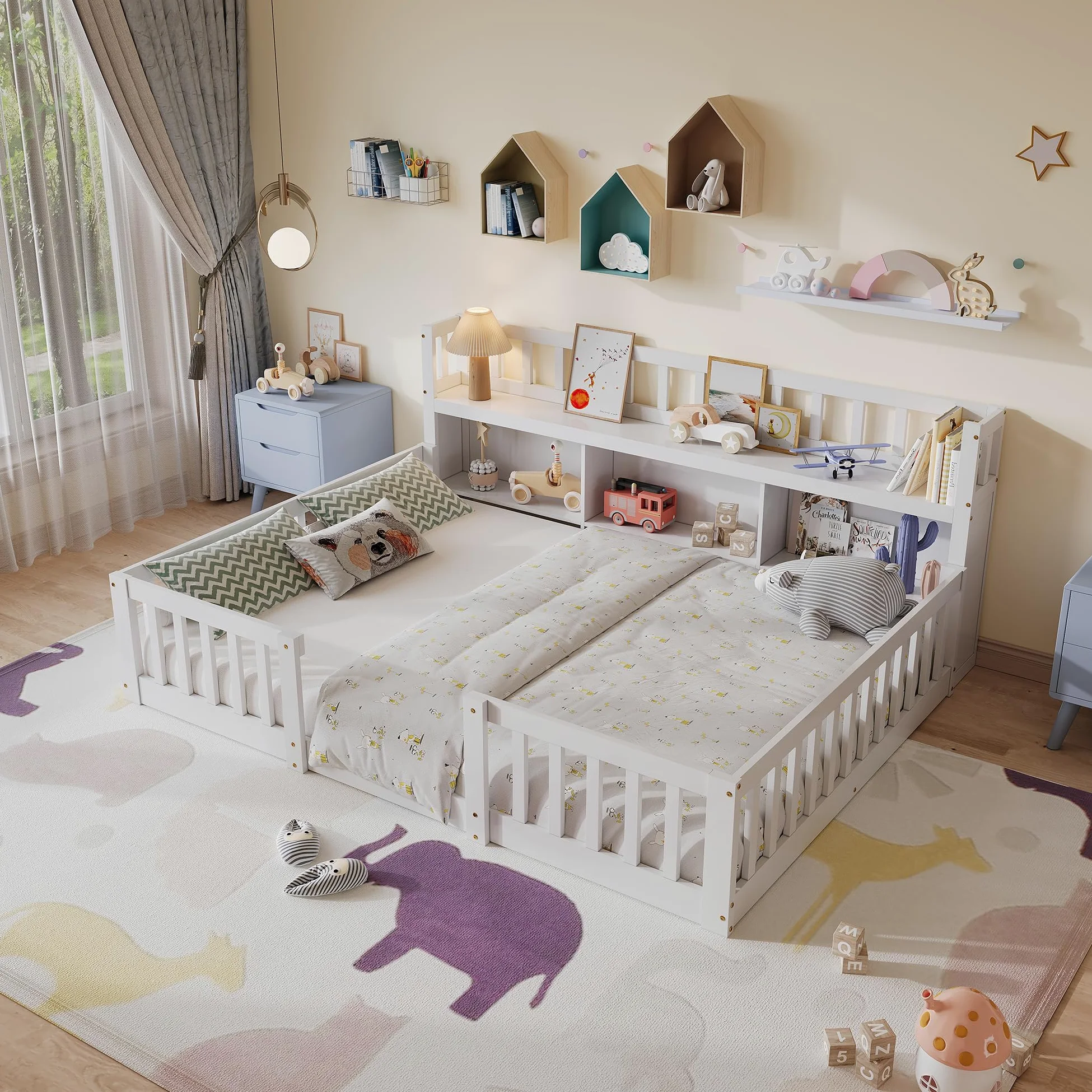 DADEA Montessori - Lettino da pavimento, 140 x 200 cm, con protezione anticaduta e rete a doghe, letto singolo per bambini e ragazzi, senza materasso