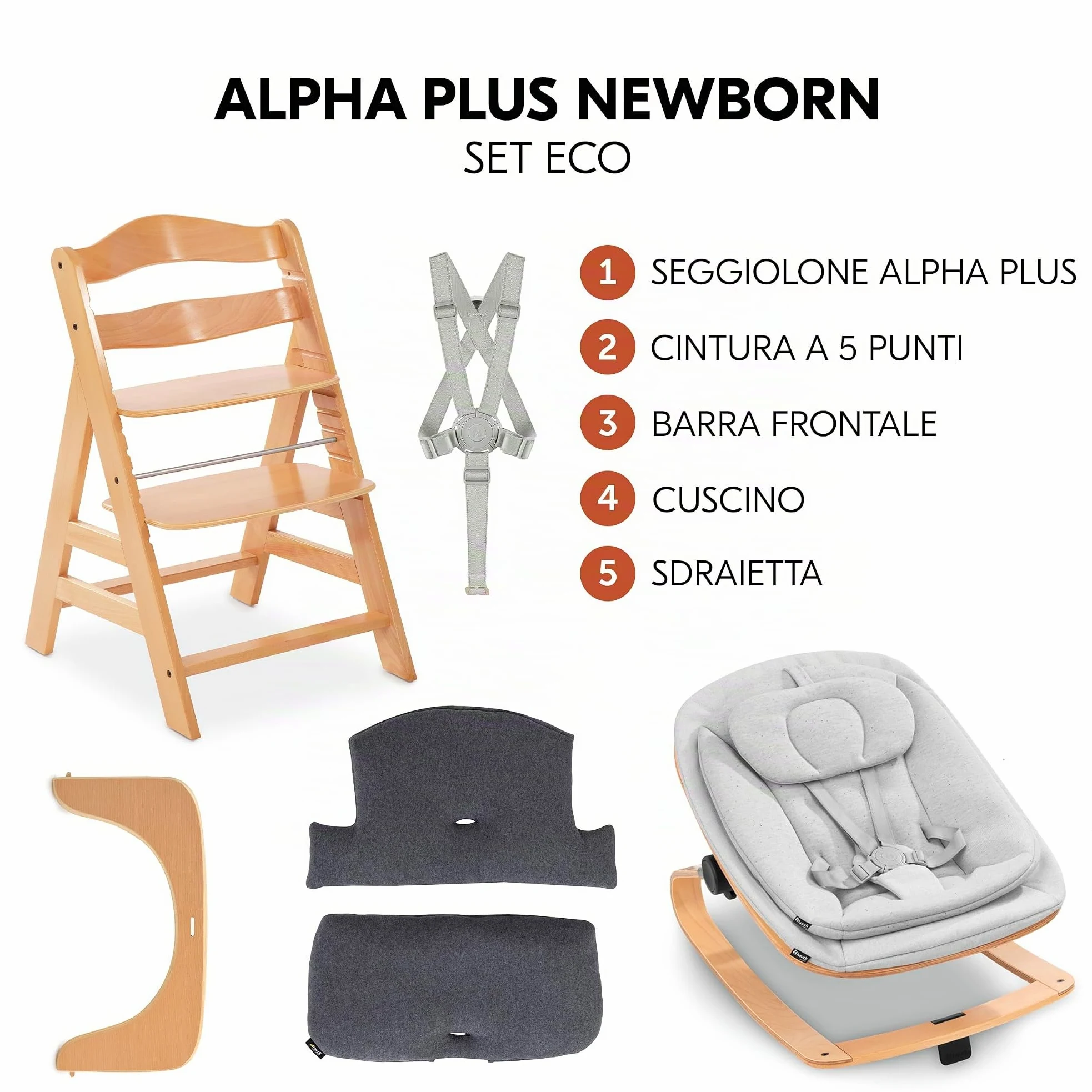 hauck Seggiolone Alpha+ Newborn Set Eco Bouncer - Seggiolone Pappa Bimbi in Legno dalla Nascita con Sdraietta Neonato 2in1 Regolabile e Cuscino - Naturale