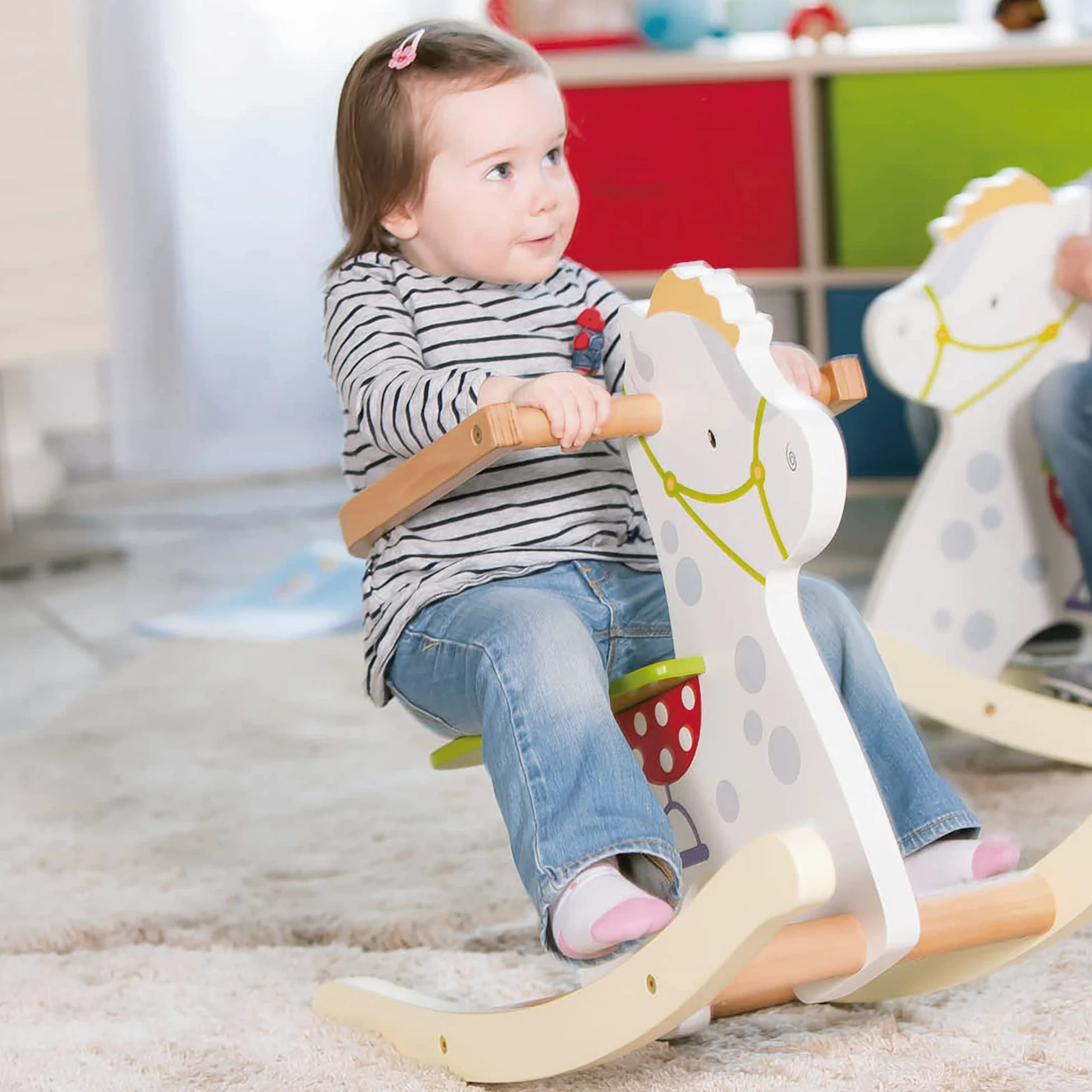roba Cavallo a Dondolo Kleiner Racker - Anello di Protezione Rimovibile - per Bambini da 12 Mesi in Su - Ideale come Regalo di Compleanno e Natale - Legno Laccato Bianco