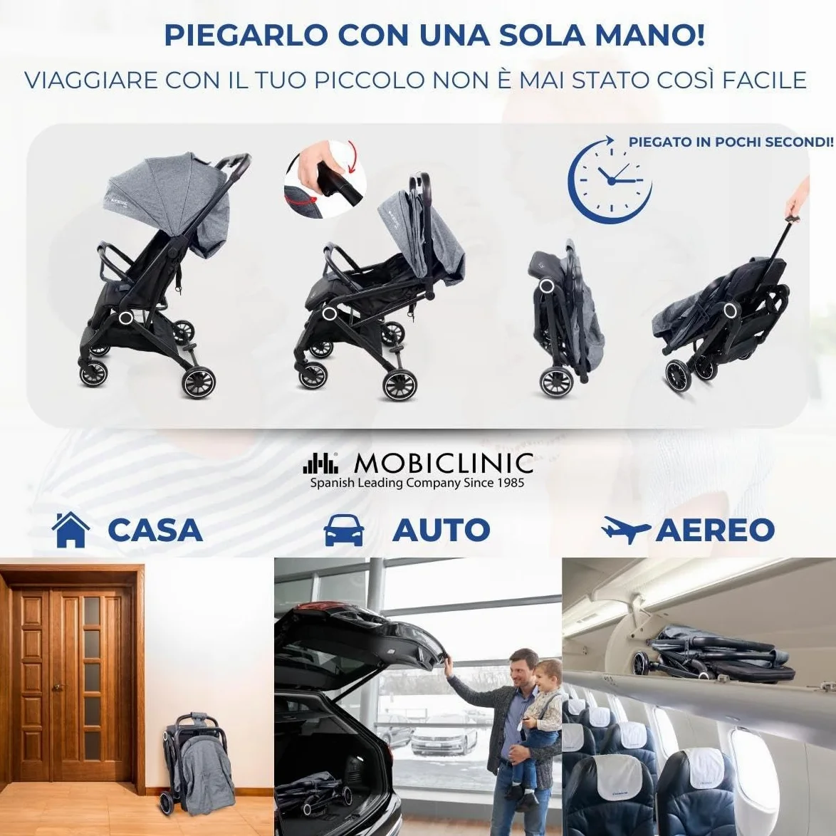 Mobiclinic®, Passeggino Leggero, Ultra Compatto, Imbracatura a 5 Punti, Manubrio Monomaniglia, Carrello Pieghevole, Cestino, 0-36 Mesi, Regolabile, Cappottina Pieghevole, Freni con Blocco, Trip