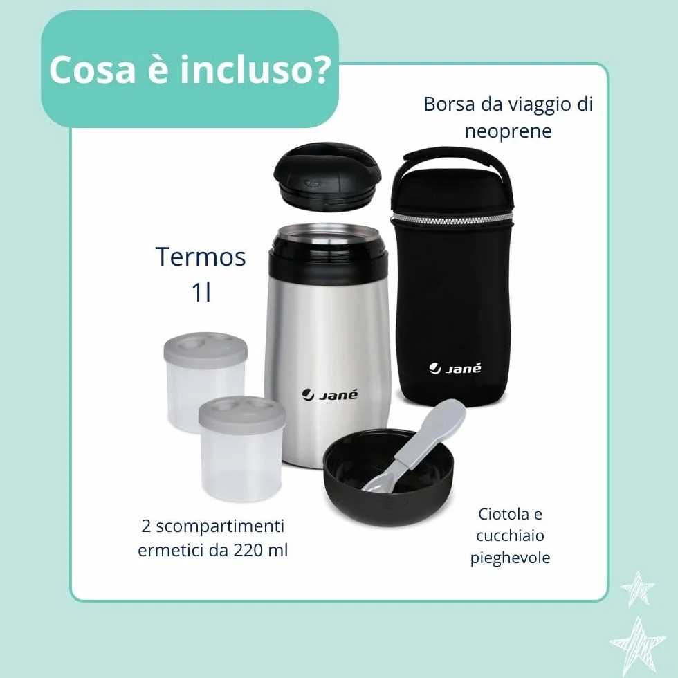 Jané Thermos 1L 2 Contenitori Ermetici Mantiene Caldo e Freddo 8h Borsa Termica Grigio