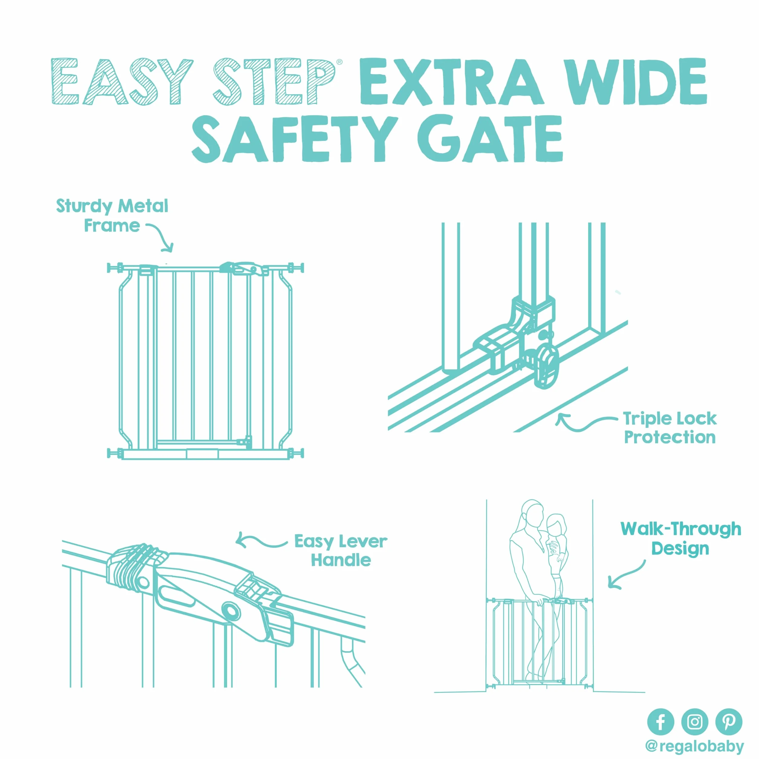 Regalo Safety Extra Wide Baby Gate for Doorways & Stairs, Fits Openings 73.6-122cm, Pressure Mounted, Black