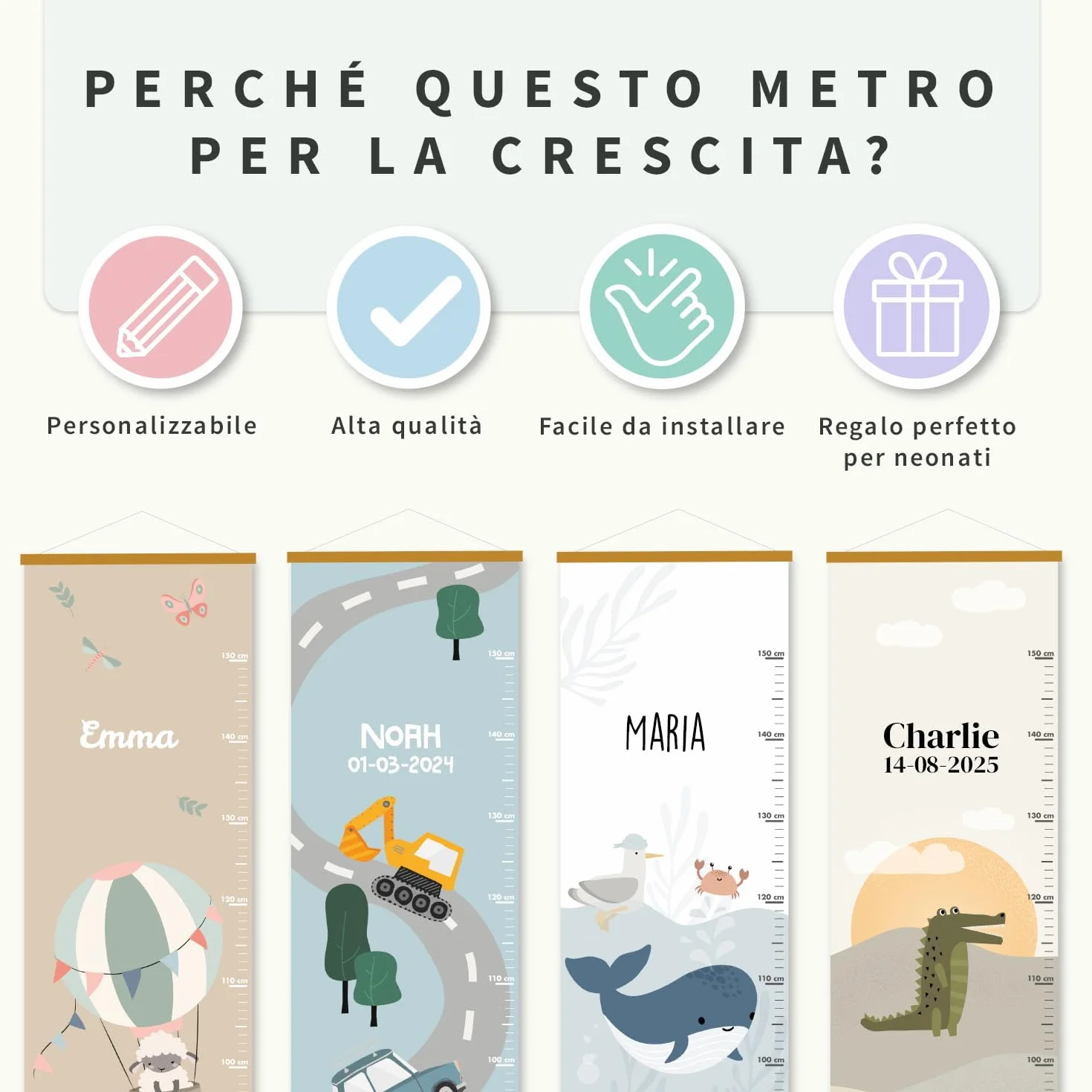 Metro crescita bimbi personalizzato con nome e data nascita decorazione cameretta 129x28 cm Mare