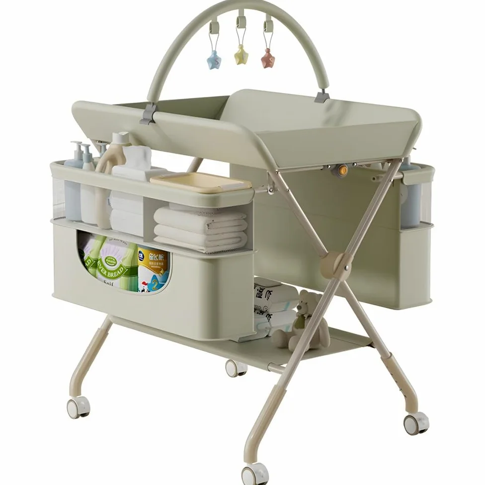 Fasciatoio Portatile Neonato,Fasciatoio Pieghevole con Ruote e Cestino Portaoggetti,Tavolo Cambio Pannolini Multifunzionale,Altezza Regolabile,Verde