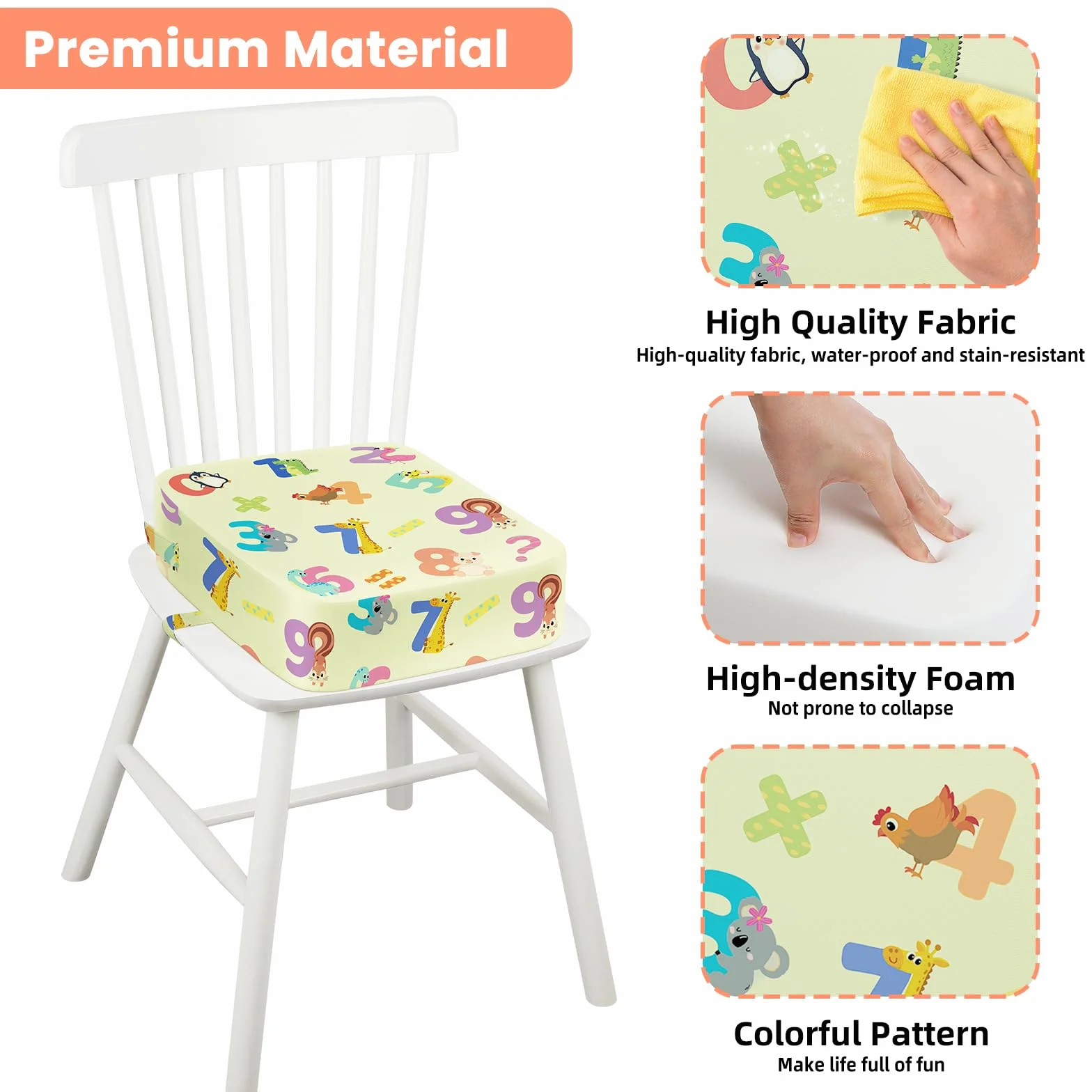 Seggiolino da Tavolo per Bambini Lavabile Cartoon Cuscino con 2 Regolabile Cinghie Base Antiscivolo 36 x 32 x 10 cm Animali Digitali