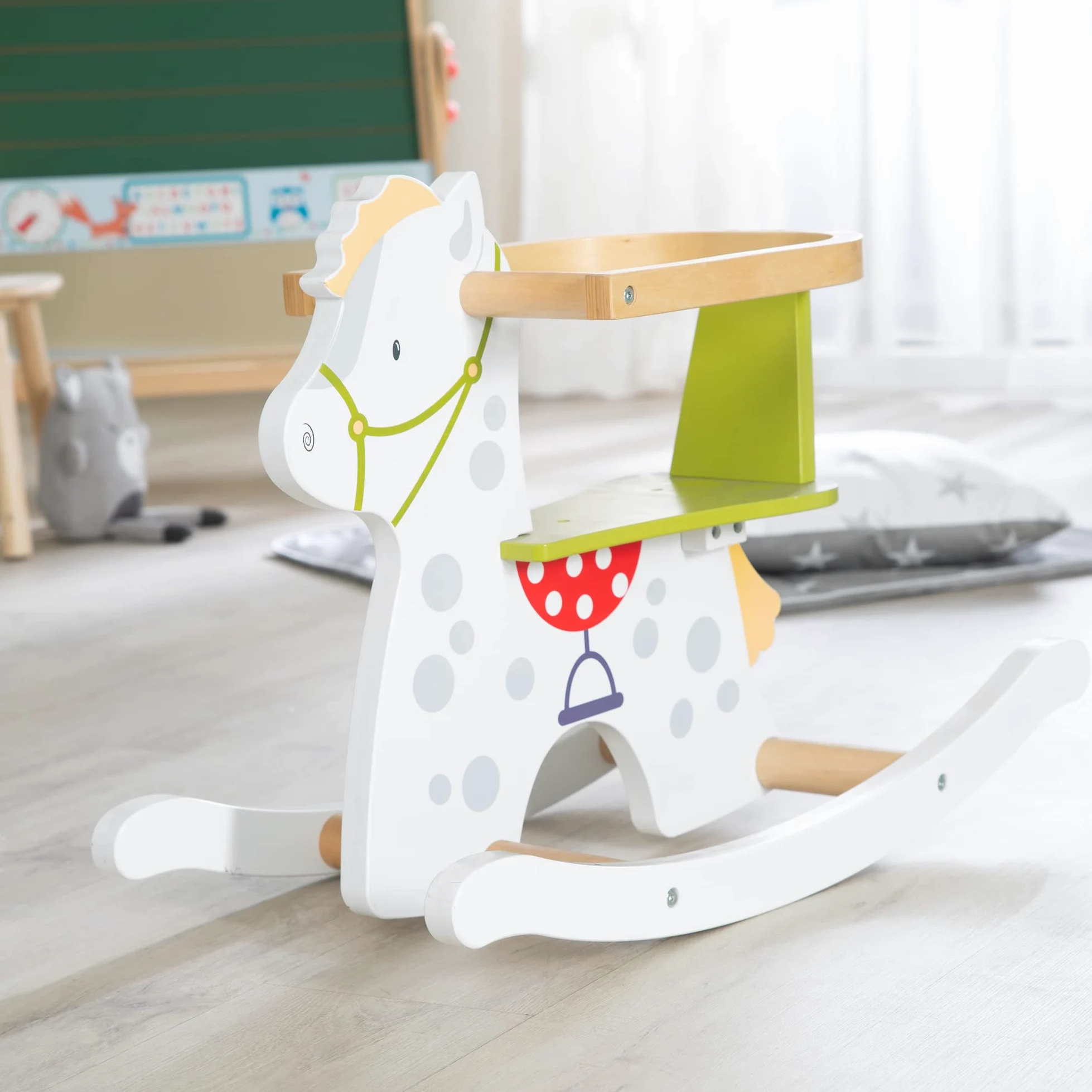 roba Cavallo a Dondolo Kleiner Racker - Anello di Protezione Rimovibile - per Bambini da 12 Mesi in Su - Ideale come Regalo di Compleanno e Natale - Legno Laccato Bianco