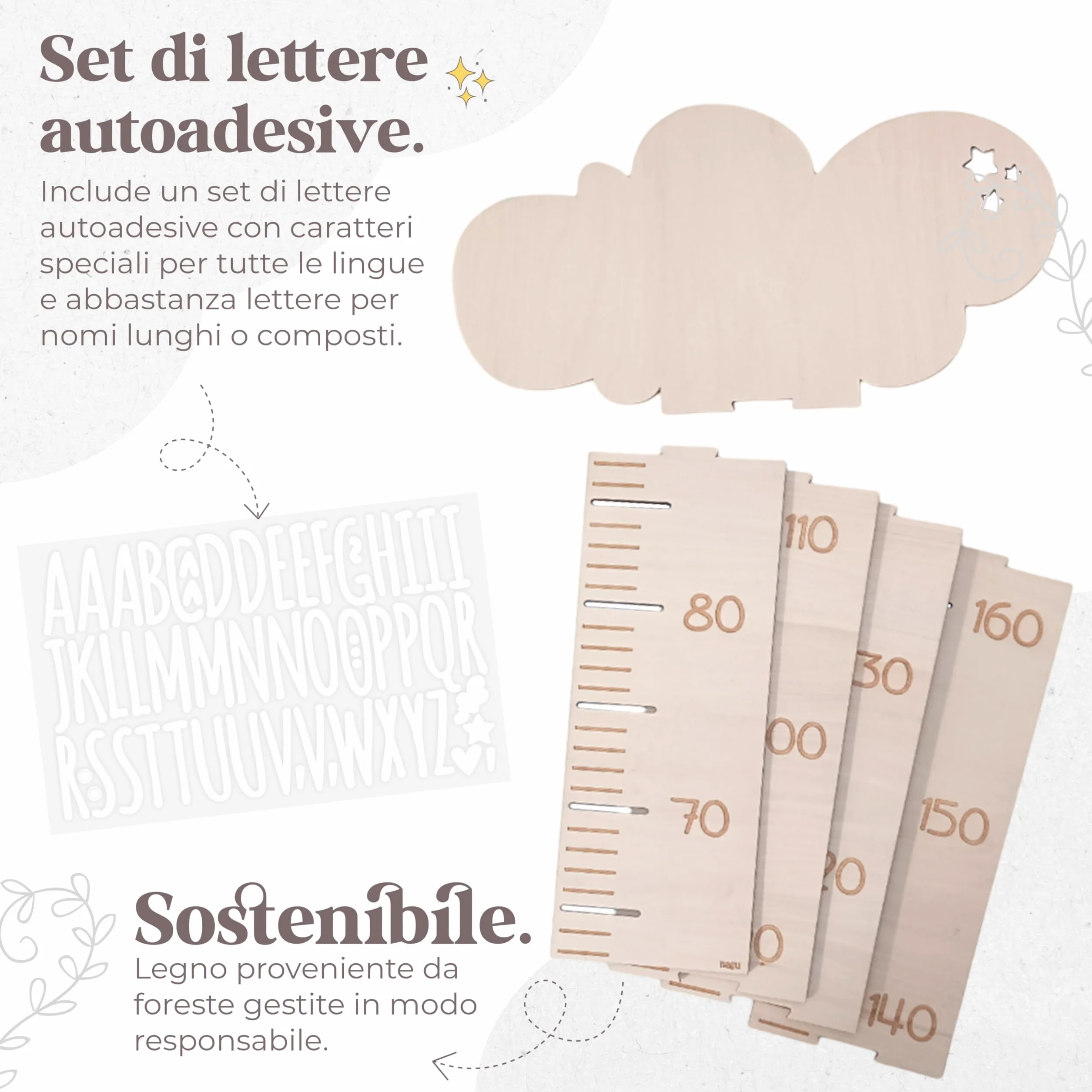 Nagu Metro Bambini da Parete Legno Misuratore Altezza 63-162 cm Personalizzato