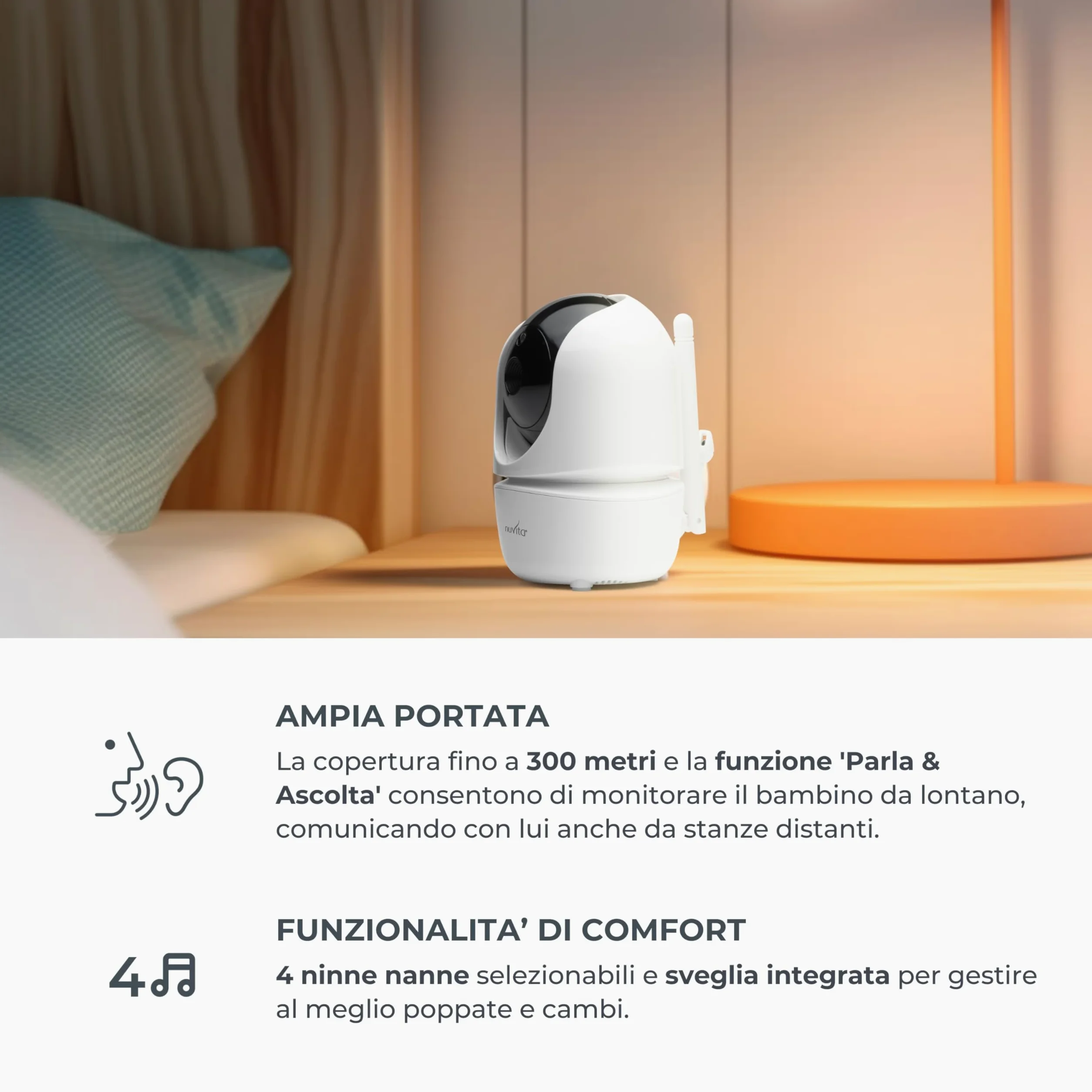 Nuvita 3045 Videovoice - Baby Monitor Video Wireless a 360° con telecamera direzionabile a distanza, SMART VOX, Visione Notturna e Ninne Nanne