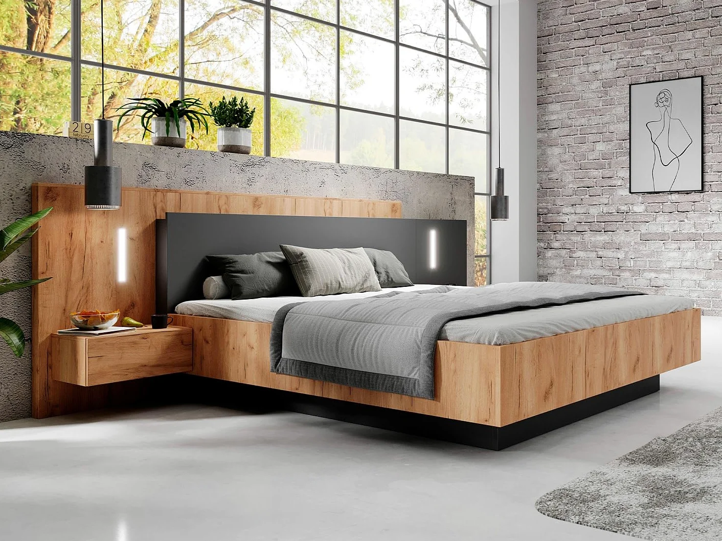 Vente-unique - Letto con Contenitore con comodini - 2 cassetti - con LED - 160 x 200 cm - le e Antracite - FRANCOLI