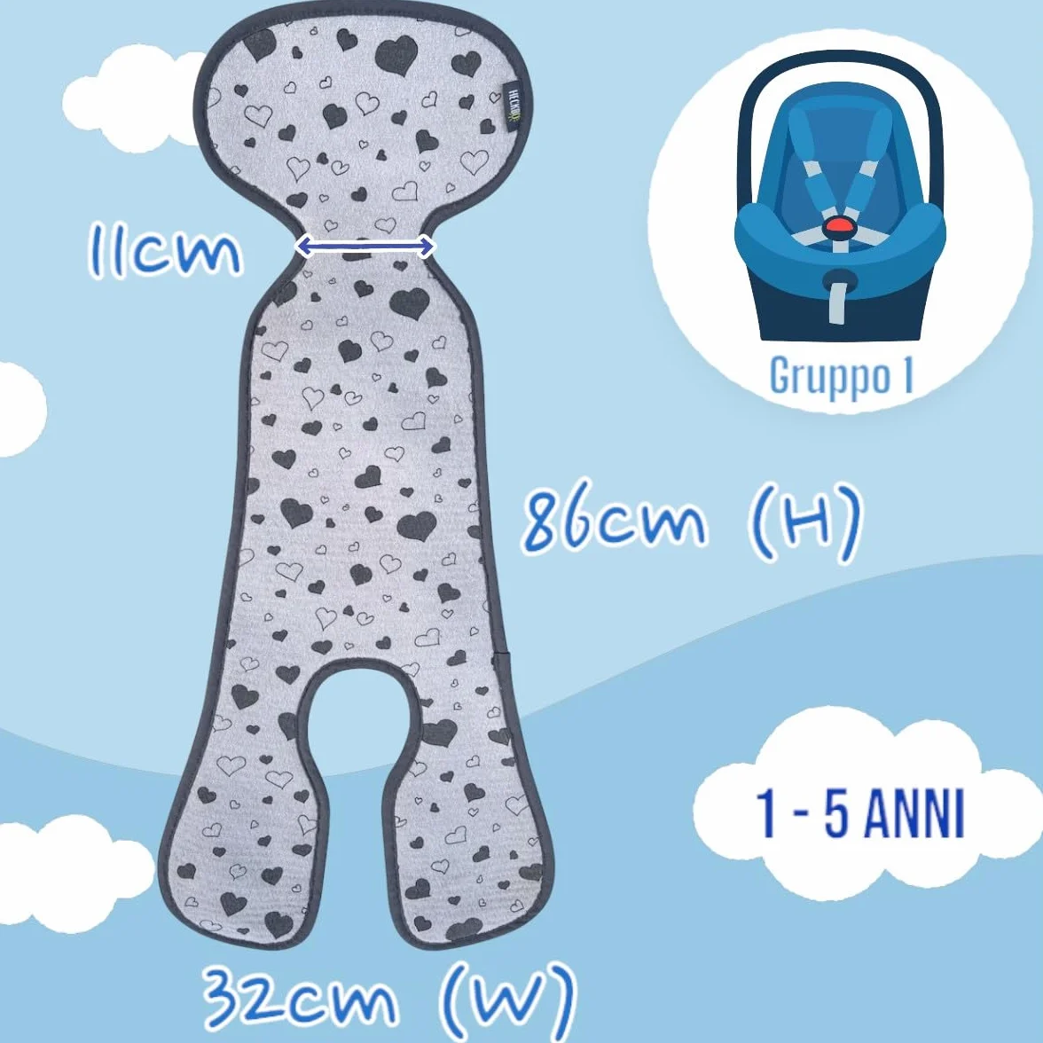 HECKBO Cuscino Estivo Antisudore per Bambini Gruppo 1 Seggiolino Auto Cintura 3 e 5 Punti Grigio Animaletti