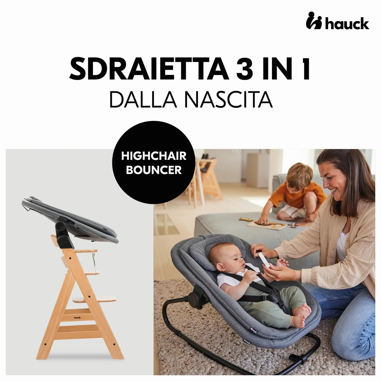 hauck Sdraietta Neonato 3in1 Per Seggiolone Pappa Alpha+, Beta+ e Arketa - Ergonomico Dondolo Neonato da 0 Mesi Fino a 15 kg, Con Cintura 5 Punti, Riduttore e Rivestimento in Cotone - Grigio Melange