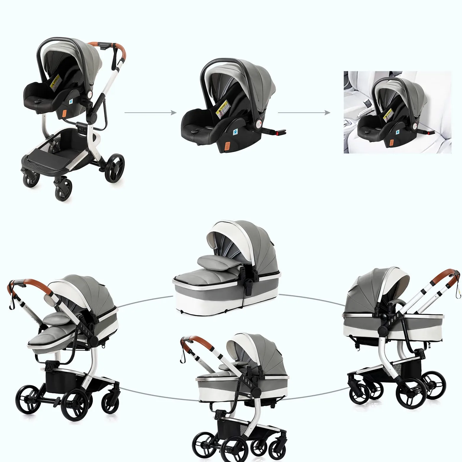 Magic ZC Passeggino Trio, Carrozzina per Neonati con Design Portatile Pieghevole Un Clic, Passeggino 3 in 1 con Spinta Reversibile a Due Vie, Trio Passeggino Neonati con Accessori (grigio 518)