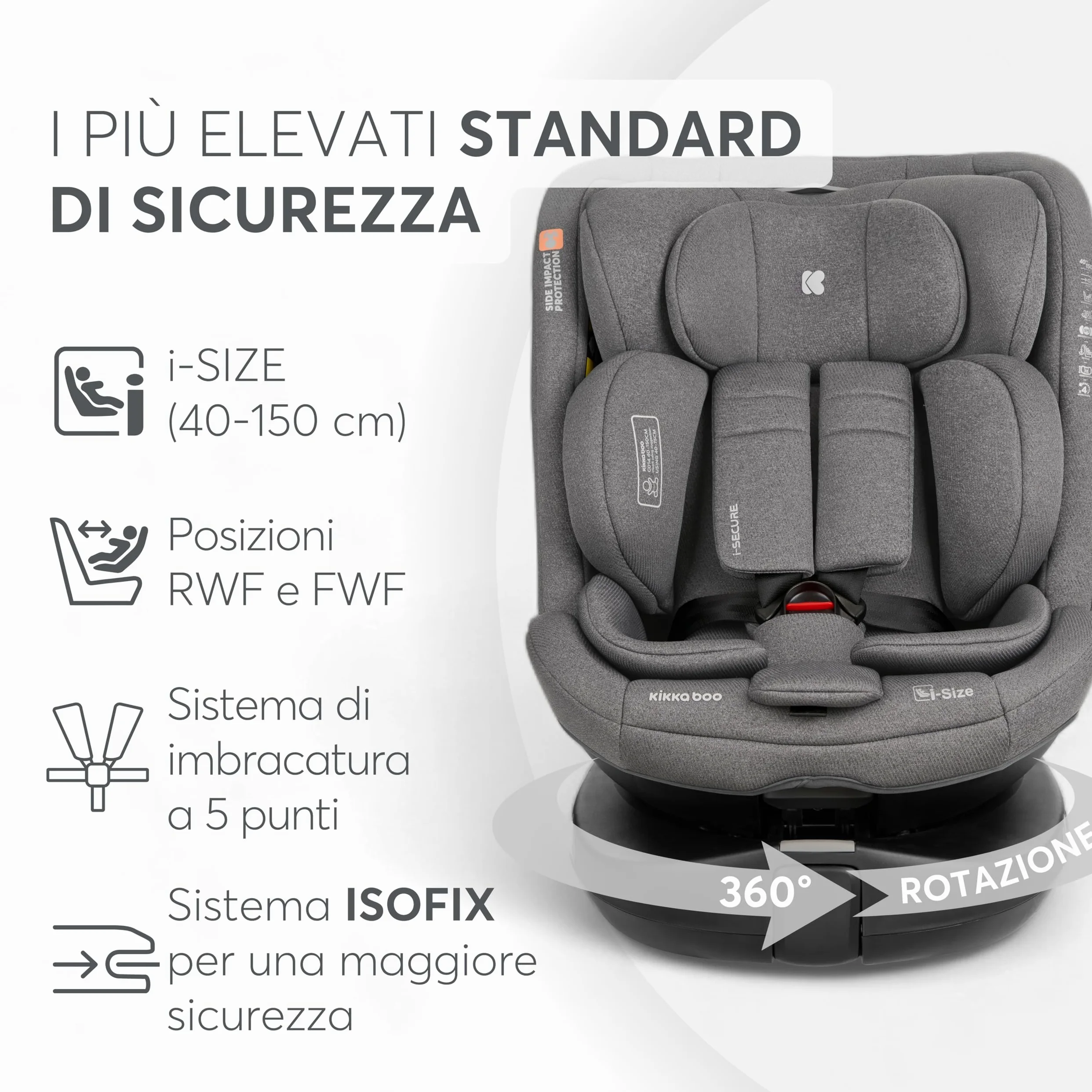 KikkaBoo Seggiolino Auto 0-36 kg i-SECURE, Gruppo 0 1 2 3, ISOFIX, i-Size, Rotante a 360º, 40-150 cm, Da 0 a 12 Anni, 12 Posizioni Poggiatesta, Grigio chiaro
