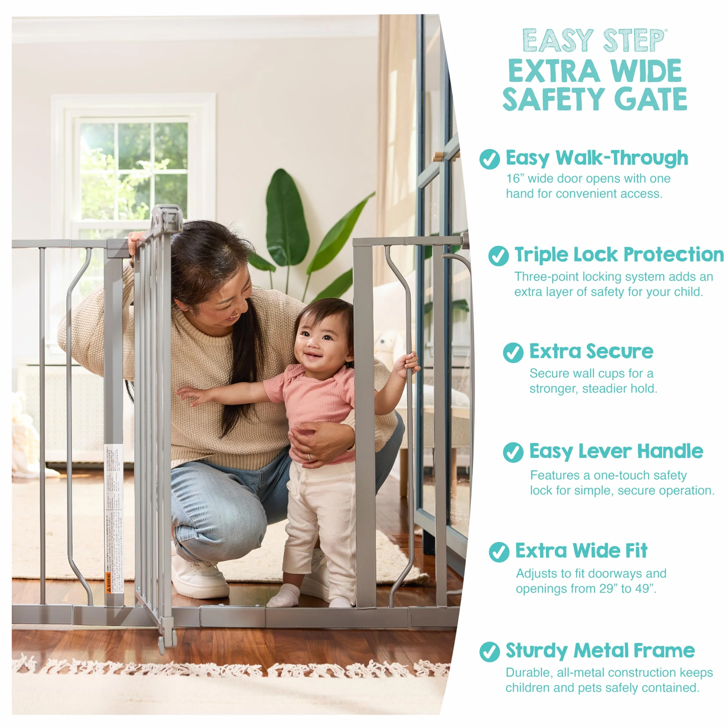 Regalo Safety Extra Wide Baby Gate for Doorways & Stairs, Fits 73.6-122cm, Pressure Mounted, Platinum