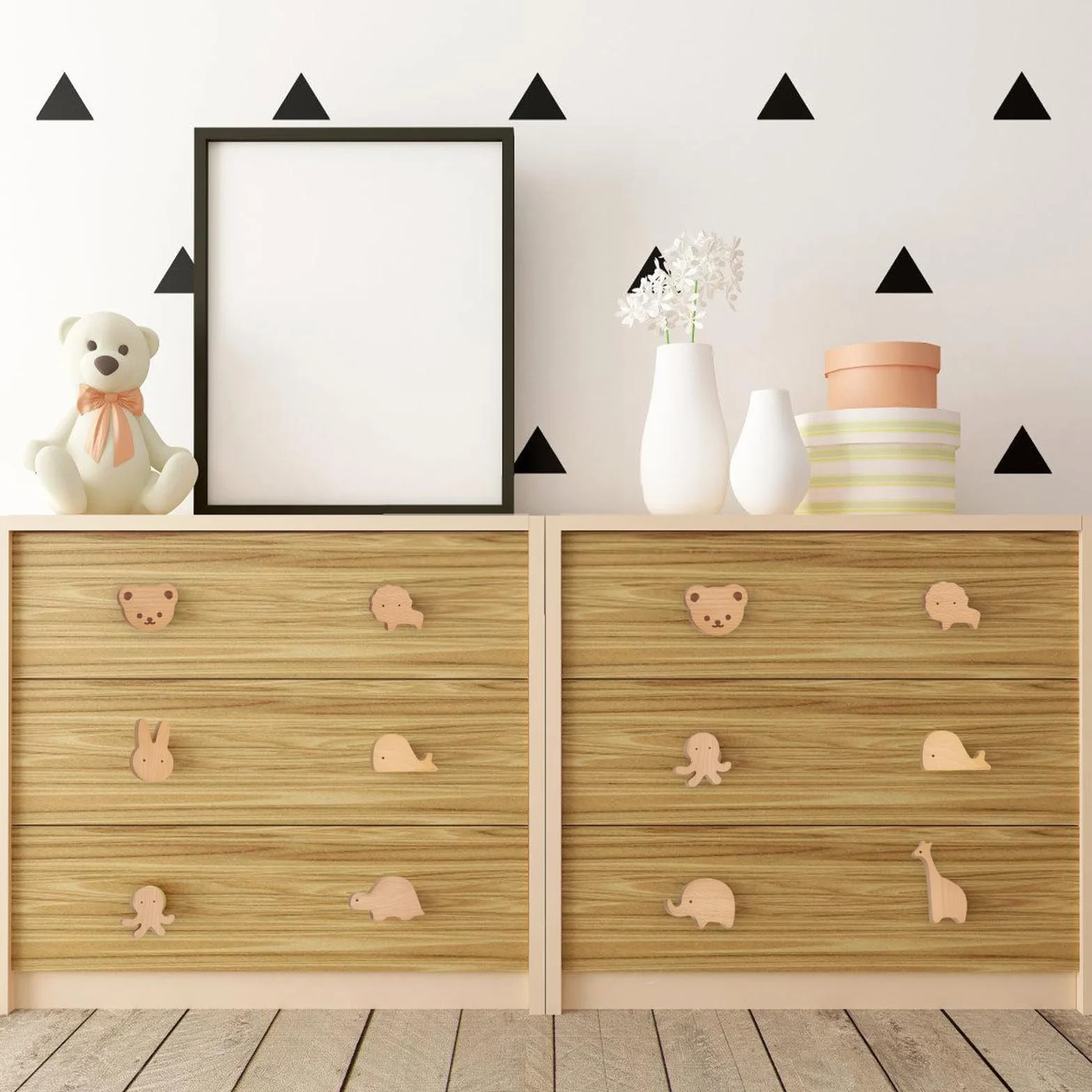 Vaileal 8 pomelli per armadi in legno per cameretta dei bambini, in diverse forme di animali, maniglie per cassetti in legno per bambini, pomelli in legno con motivi animali, pomelli per armadi