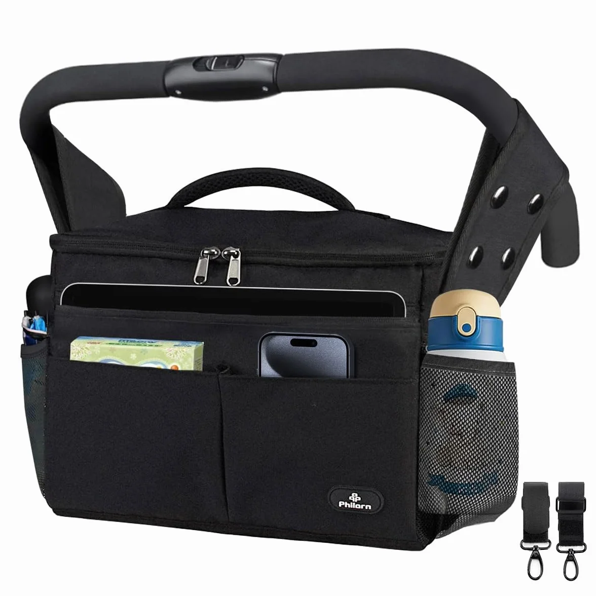 PHILORN Borsa per Passeggino con Portabevande Isolato, Tracolla, Grande Capacità, Universale, Nero