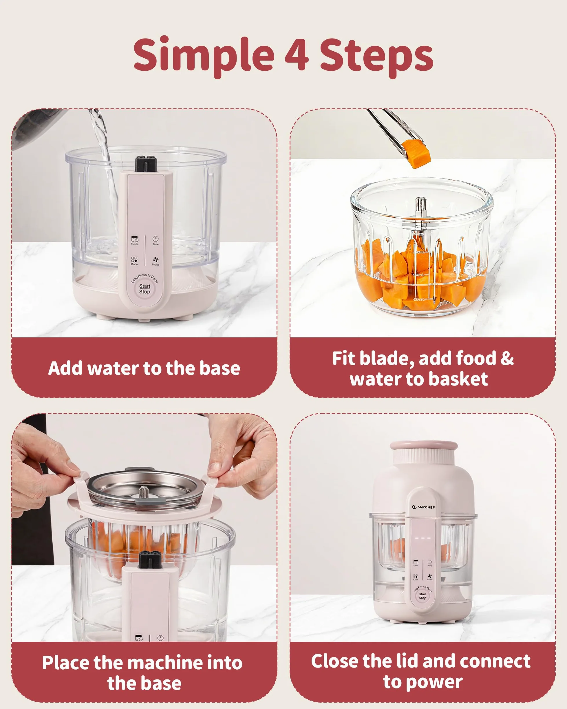 AMZCHEF Cuocipappa 6-in-1 Vaporiera & Frullatore – Baby Food Processor con Consistenze per Fasi di Crescita, BPA-Free – Cuoce a Vapore, Frulla, Purée, Scongela, Auto-Pulizia – Touch Screen