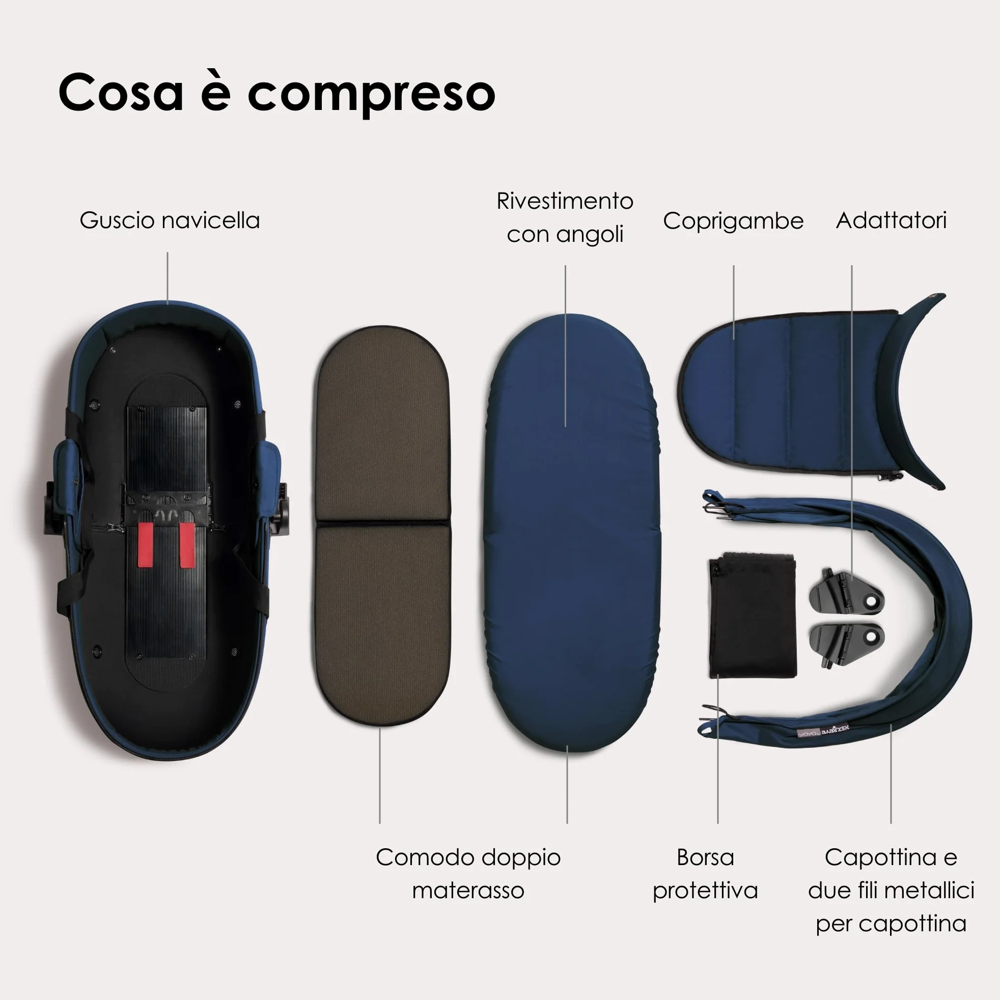 Babyzen YOYO Navicella, Navy Blue - Include Materasso doppio e morbido, Guscio e capottina ventilati - Richiede il telaio YOYO2 (Venduto a parte)
