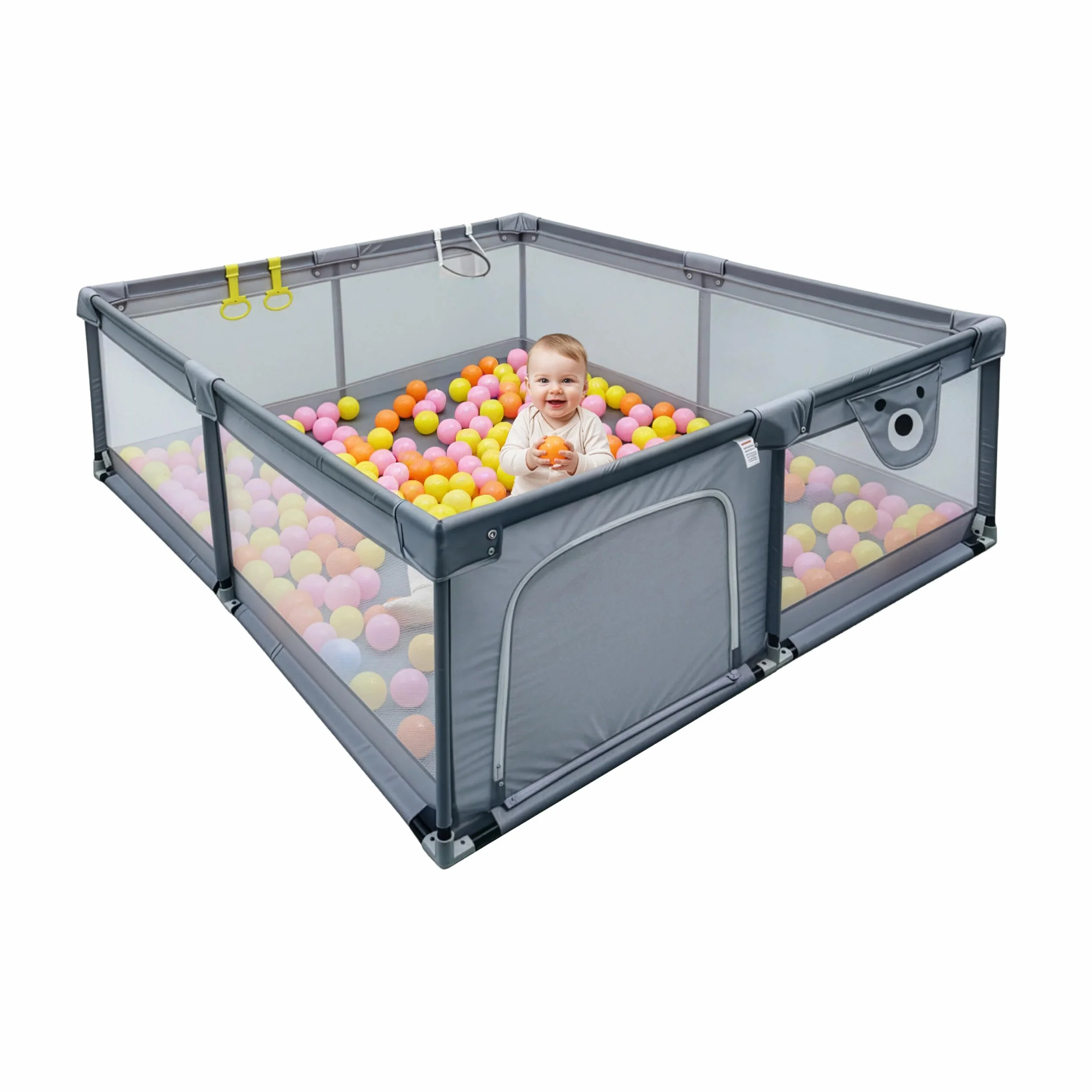 Relaxdays Box per Bambini, 200 x 200 cm, Box Giochi, 50 Palline, 2 Anelli, Angolo Giochi Sicuro, Tessuto Oxford, Grigio