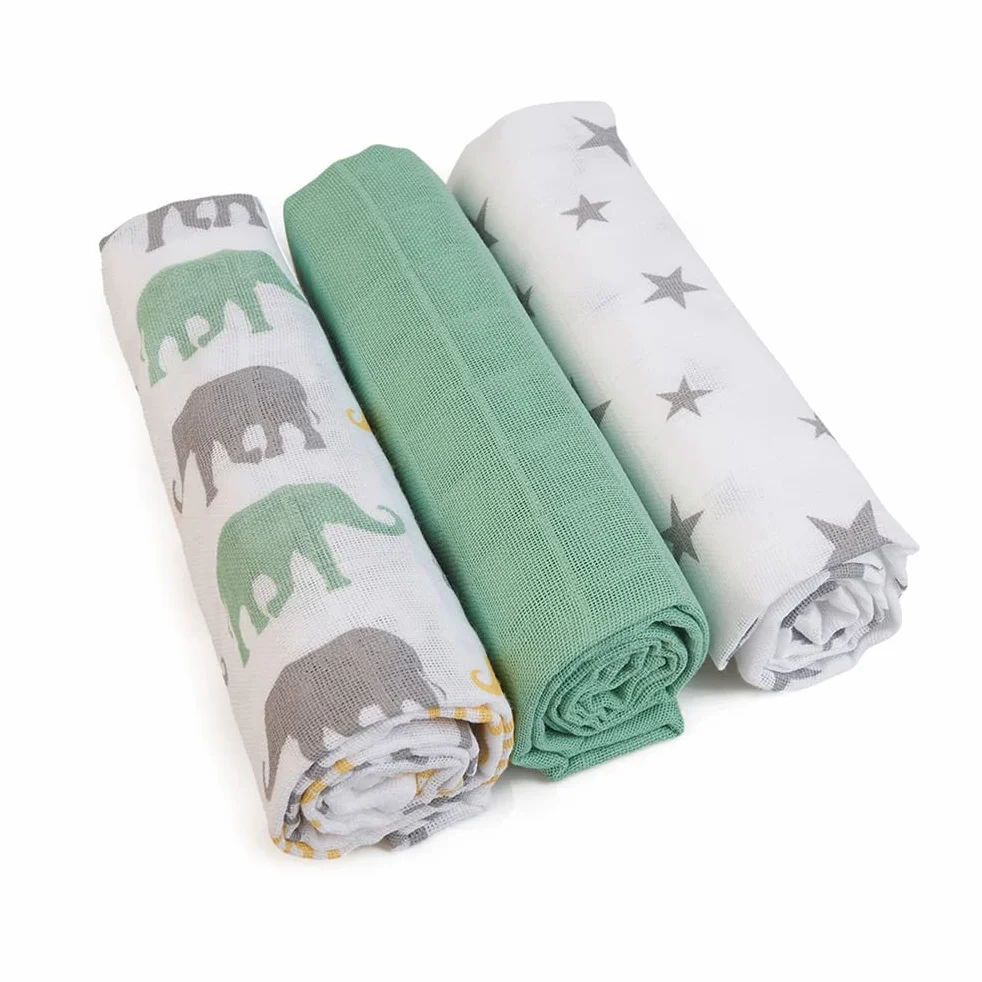 GRÜNSPECHT Pannolini di garza 70 x 70 cm in 100% cotone, senza sbiancanti ottici, delicati sulla pelle e assorbenti, 3 pezzi, verde, stelle, elefanti (1500-V4)