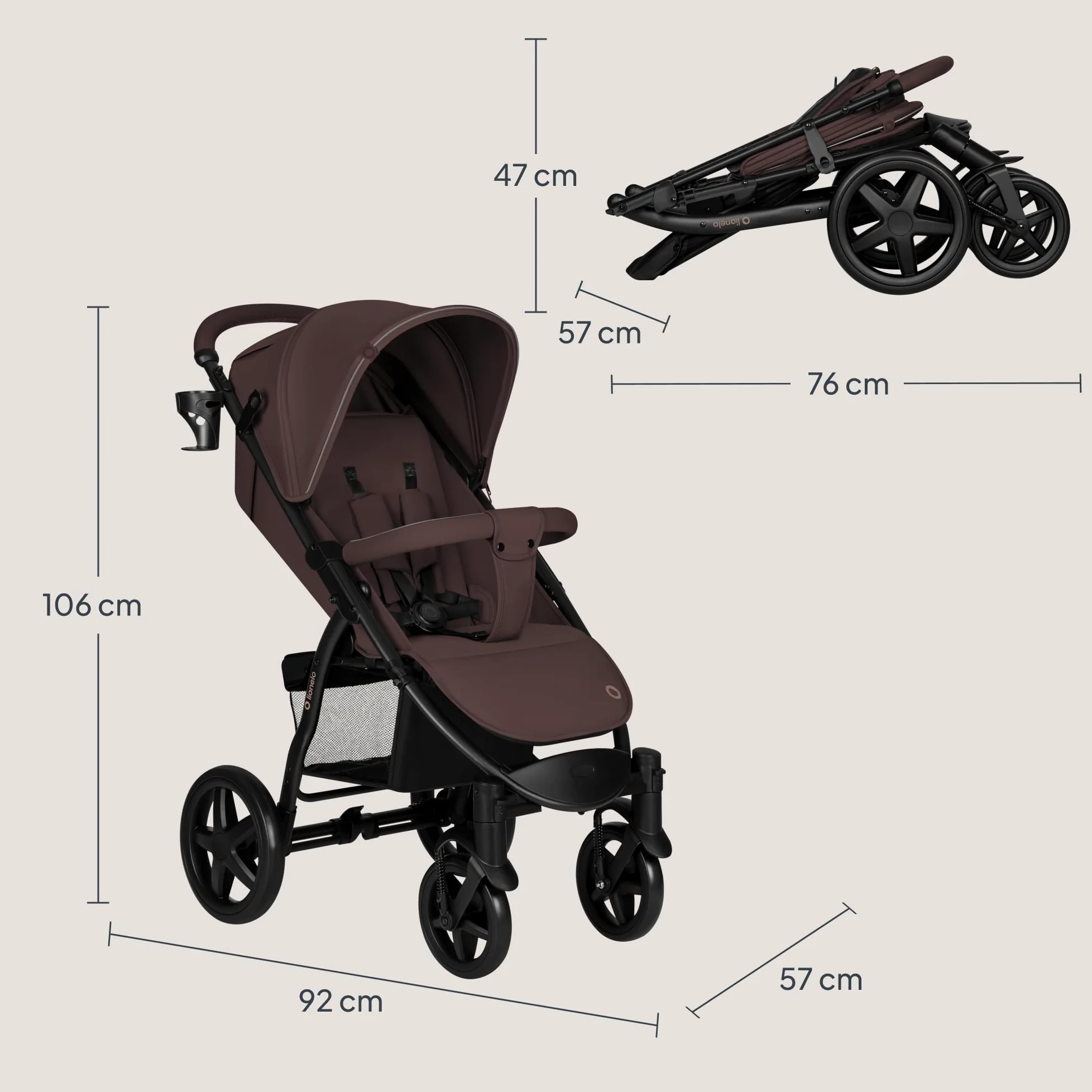 LIONELO Annet passeggino leggero pieghevole grigio regorabile con posizione sdraiata con ruote EVA cappottina XXL con zanzariera coprigambe portabibite fino 22 kg