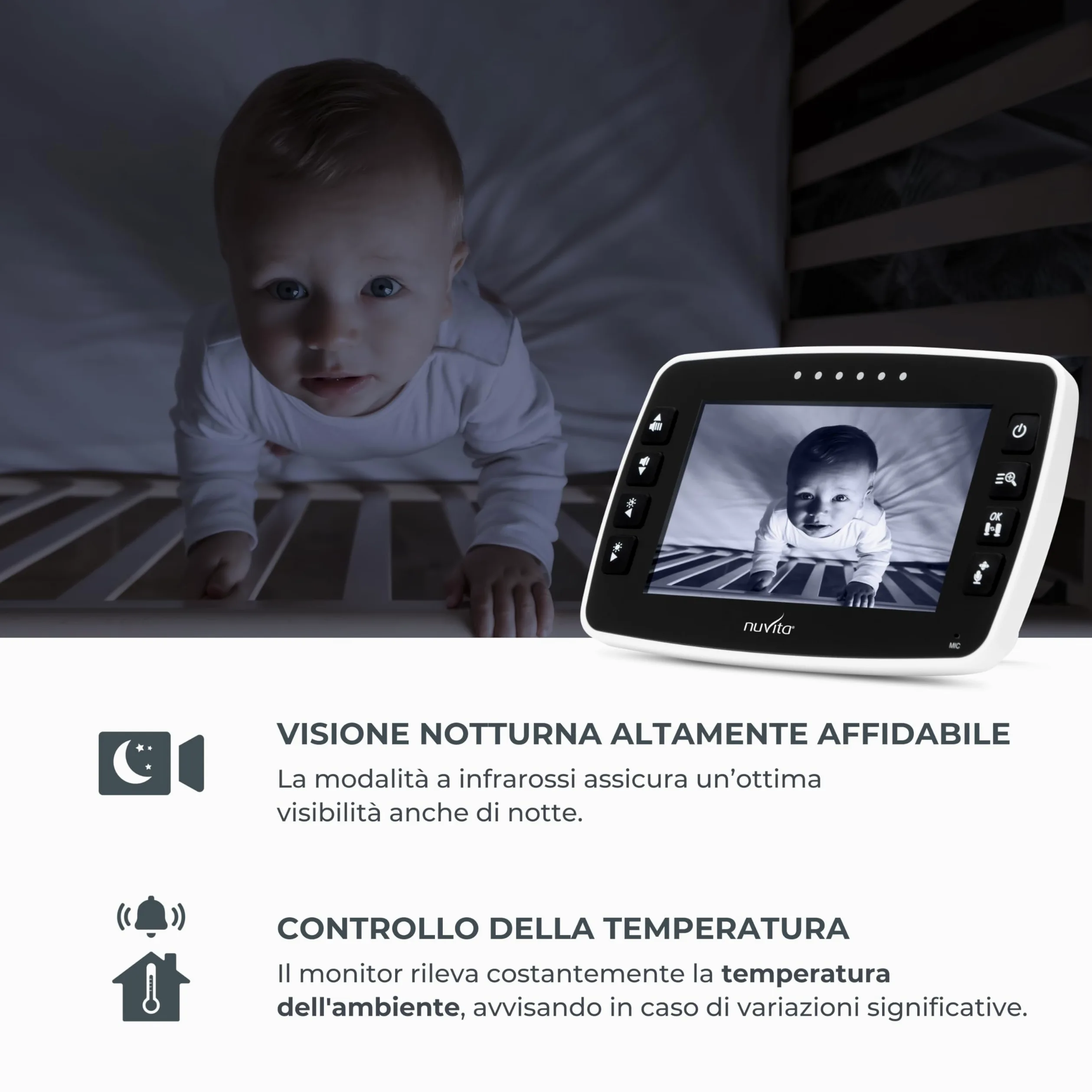 Nuvita 3045 Videovoice - Baby Monitor Video Wireless a 360° con telecamera direzionabile a distanza, SMART VOX, Visione Notturna e Ninne Nanne